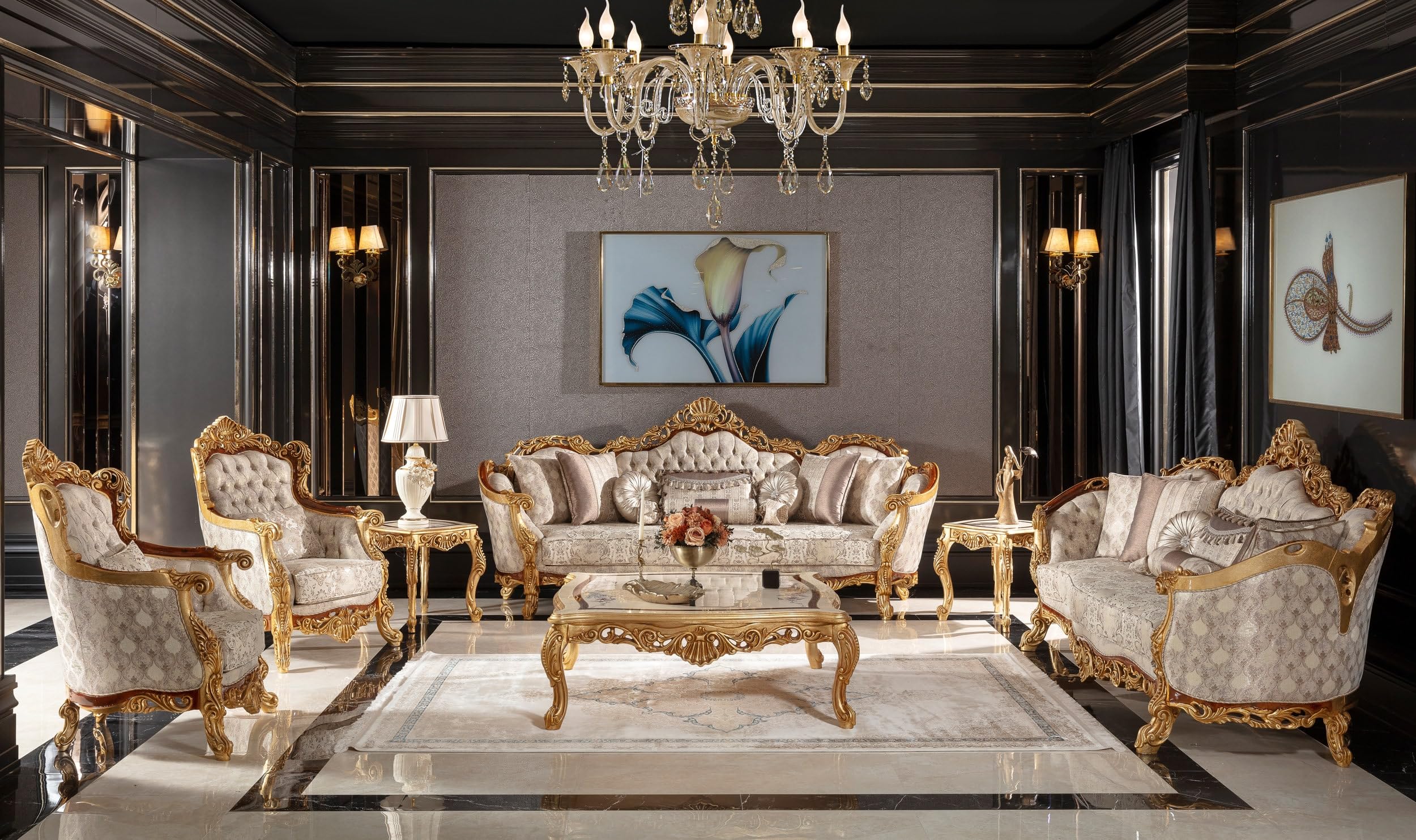 Victorian 8-Seater Sofa Set, Hand-Carved Gold Frame with Beige Upholstery, 3+3+1+1 Configuration with Centre Table-image-28