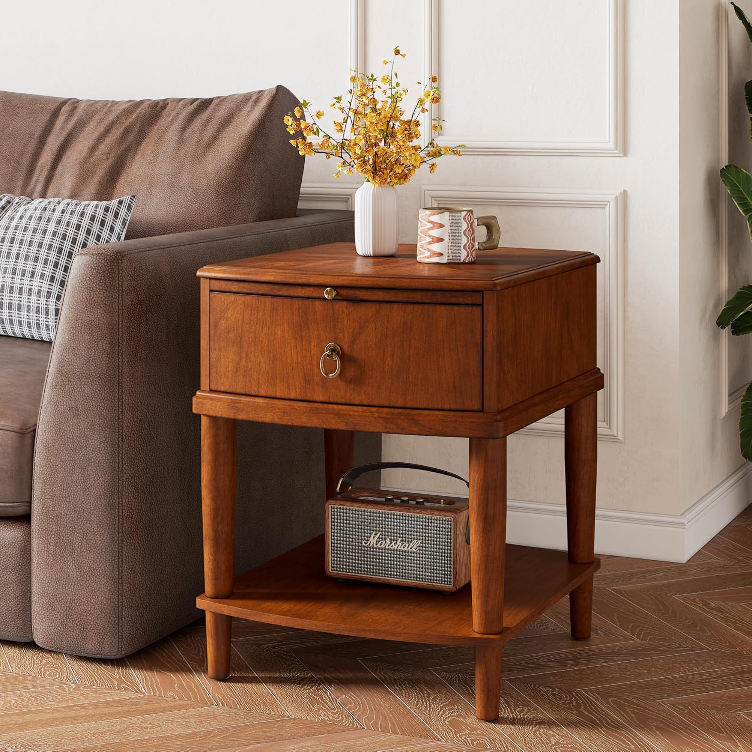 2 Tier Solid Wood Square End Table with Drawer, Wooden Sofa Side Table with Pull-Out Tray & Lower Shelf, Nightstand Bedside Table for Living Room Bedroom, 19.7x17.7x22.8in