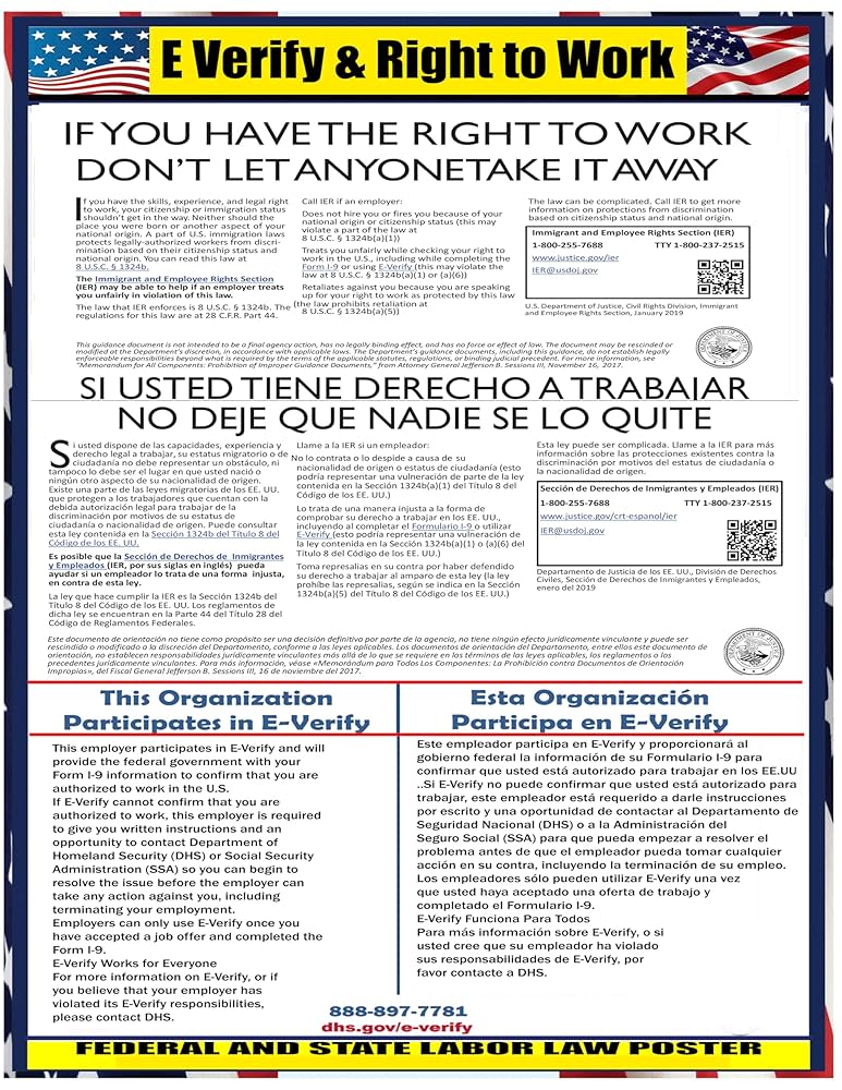 Amazon.com: E-Verify Participation and Right to Work posters - Bilingual Poster - Labor Law Poster Sign - 11 x17 : Home & Kitchen amazon-com-e-verify-participation-and-right-to-work-posters-bilingual-poster-labor-law-poster-sign-11-x17-home-kitchen