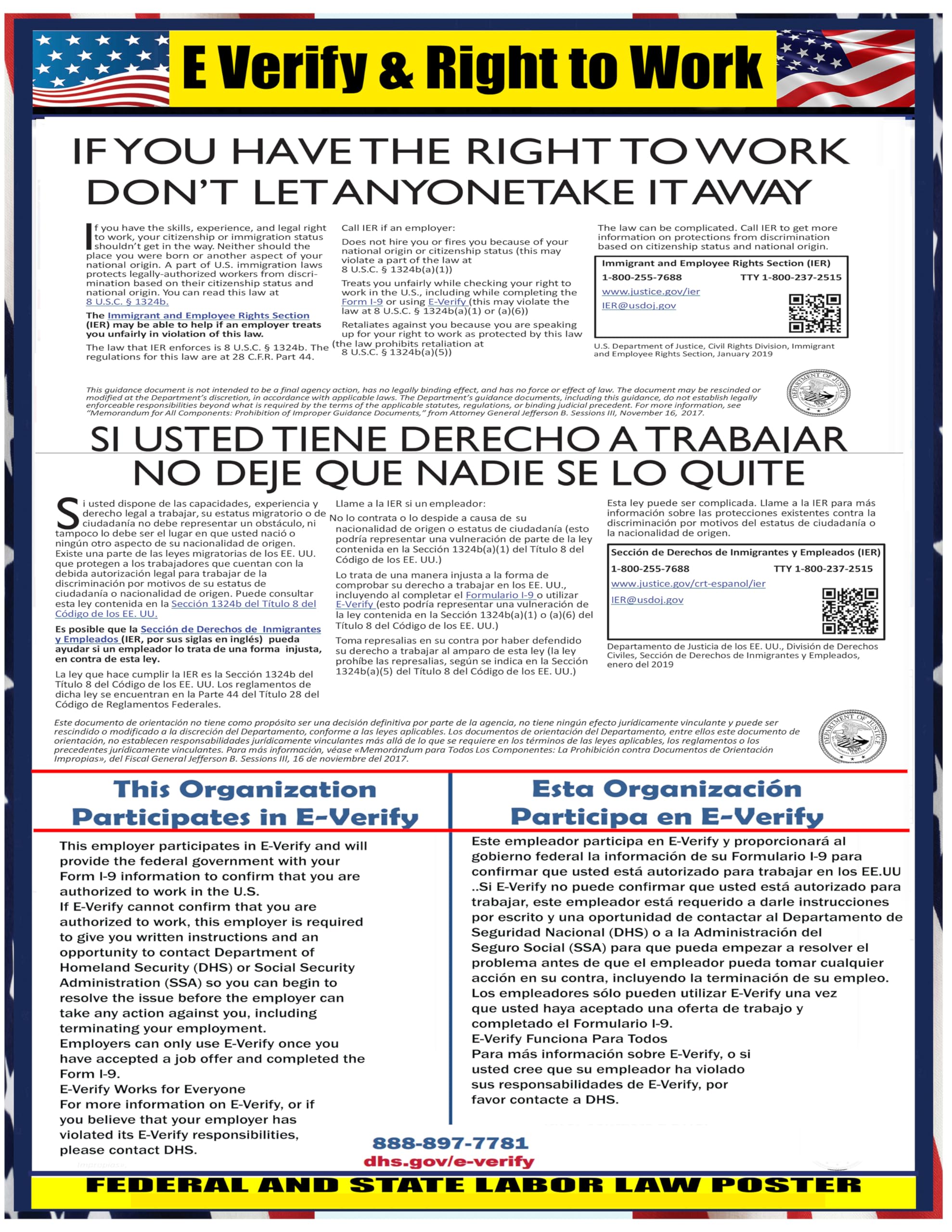 E-Verify Participation and Right to Work posters - Bilingual Poster - Labor Law Poster Sign - 11 x17