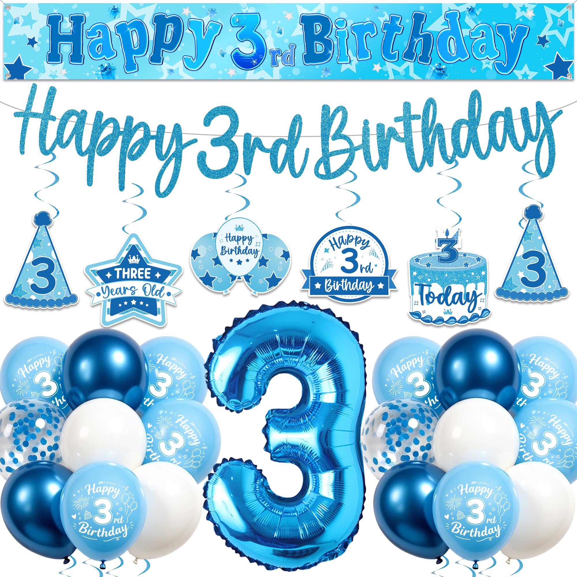 3rd Birthday Decorations for Boys, Blue 3 Years Old Party Supplies