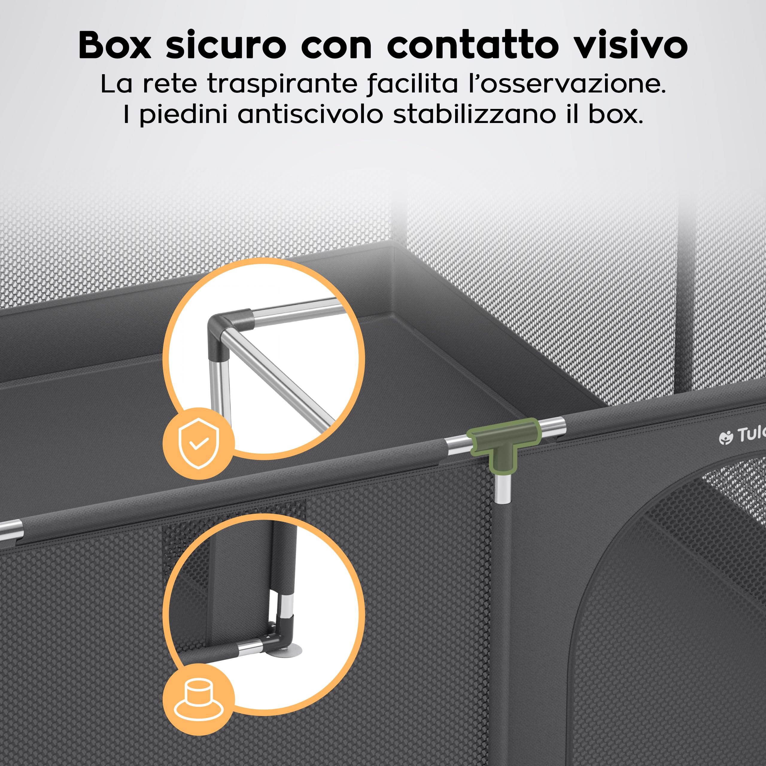 Tulano Cozy 25 Box per Bambini 150x180 cm 6-36 mesi Recinto Neonato con Fondo Struttura in Metallo Rete Traspirante Porta con Cerniera Borsa Inclusa Grafite