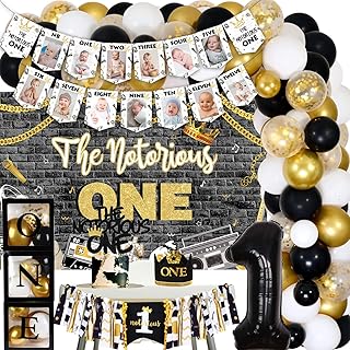 Notorious One Birthday Decorations, Notorious One Birthday Balloon Arch with Backdrop, One Boxes for 1st Birthday, Notorious One Month Photo Highchair Banner Cake Topper Hat Number 1 Balloon for Boy