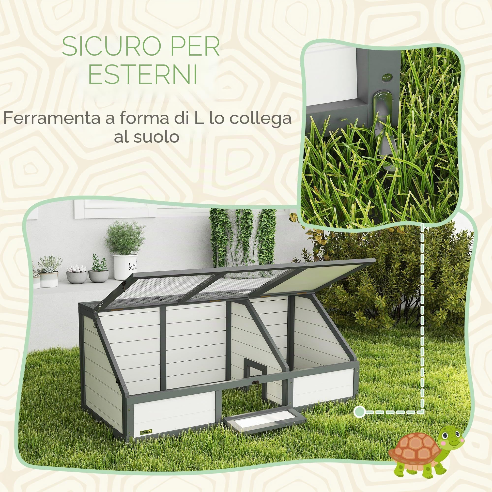 PawHut Casa tartaruga con casa principale anfibi 120x55x50cm bianco | Recinto in legno per tartaruga, area giochi, coperchio ribaltabile, serratura, gabbia per rettili, conigliera