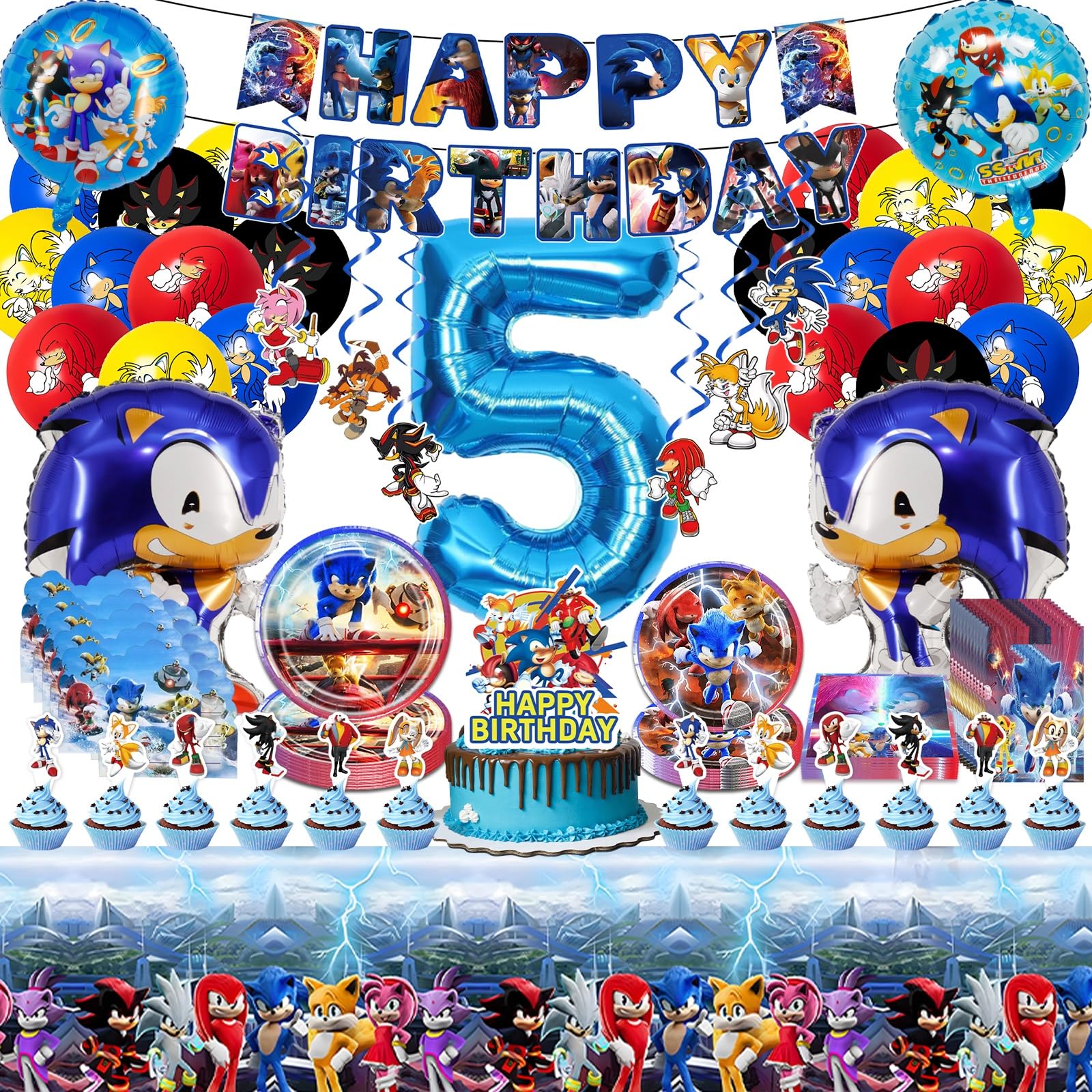 118PCS Birthday Party Decorations, 5th Cartoon Birthday Tableware Supplies, Cartoon Party Invitations Sweet Bags Banner Foil Balloons Cake Topper Hanging Swirls Tablecloth Paper Plates Napkins