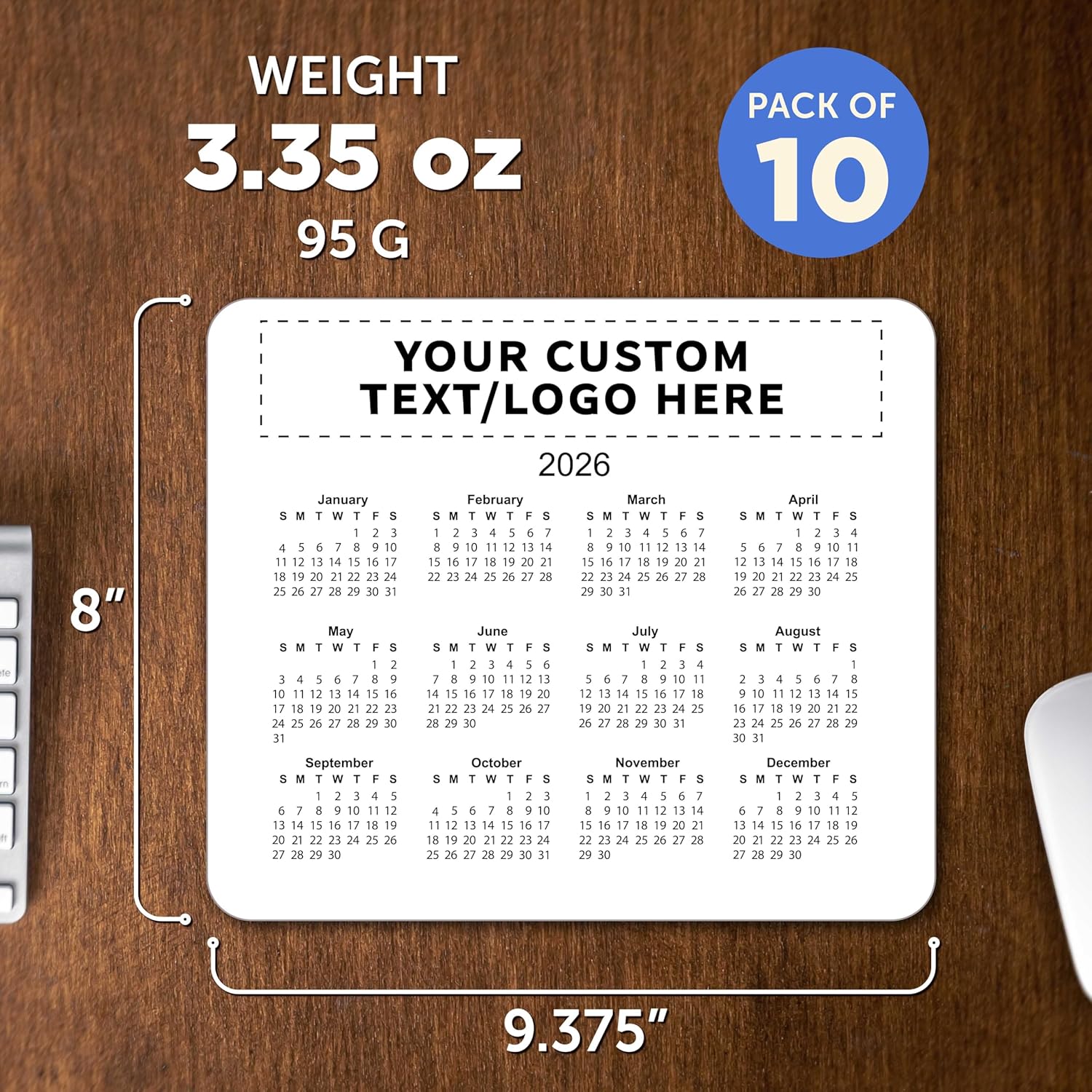Custom Horizontal Calendar Mouse Pads Set of 10, Personalized Bulk Pack - Great Gift for Employees, Clients, and for Tradeshows - White