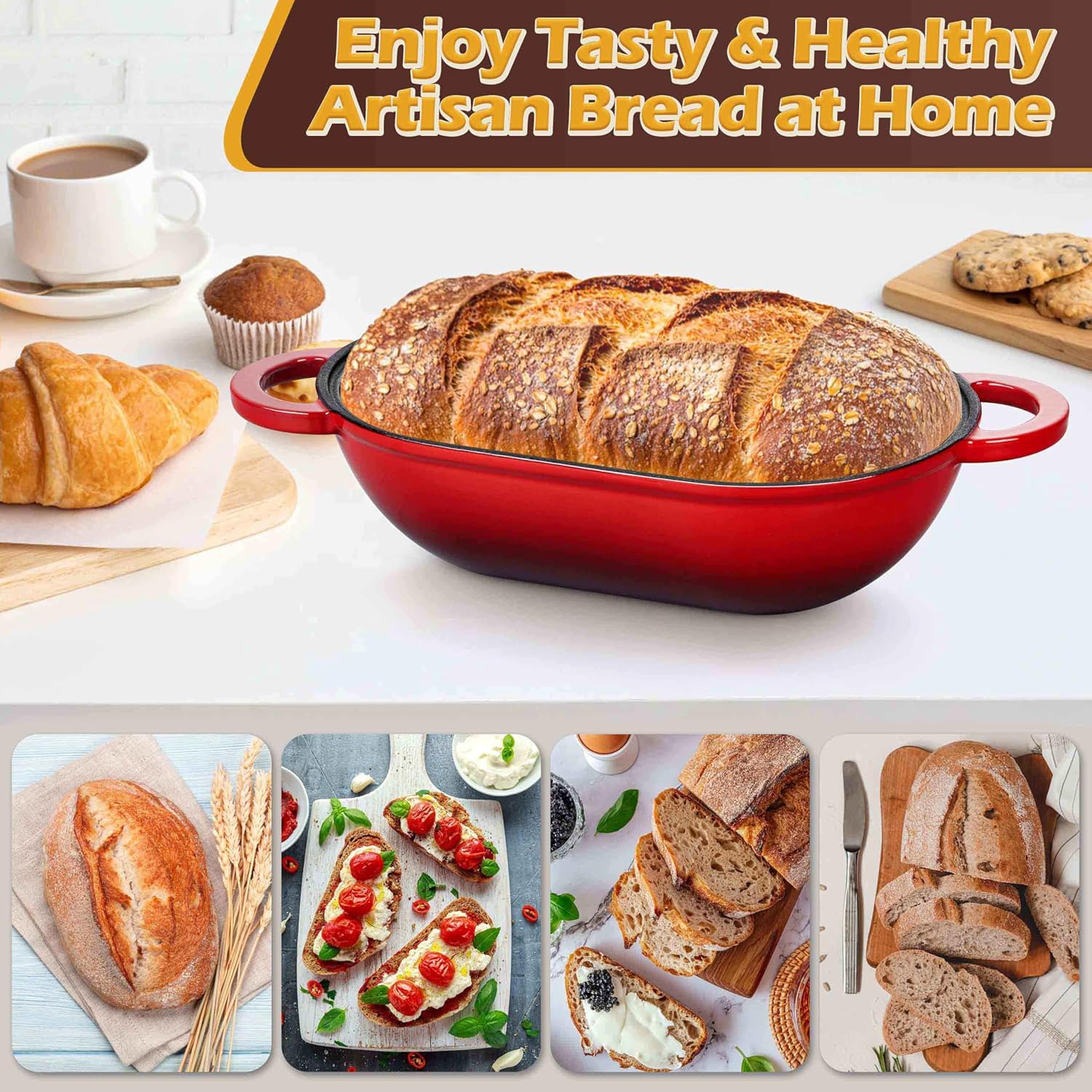 Homikit Enameled Cast Iron Dutch Oven for Bread Baking, 2.8 QT Oval Bread Oven Pot with Lid, 9.5 x 5.7 Inch Sourdough Loaf Baking Pan for Homemade Bread, Heavy Duty & Oven Safe, Red - Image 6