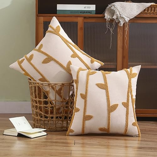 Miniatura 8 de Tosleo Fundas de almohada decorativas de 18 x 18 pulgadas, paquete de 2 fundas de almohada bordadas de paja amarilla, fundas de almohada de algodón