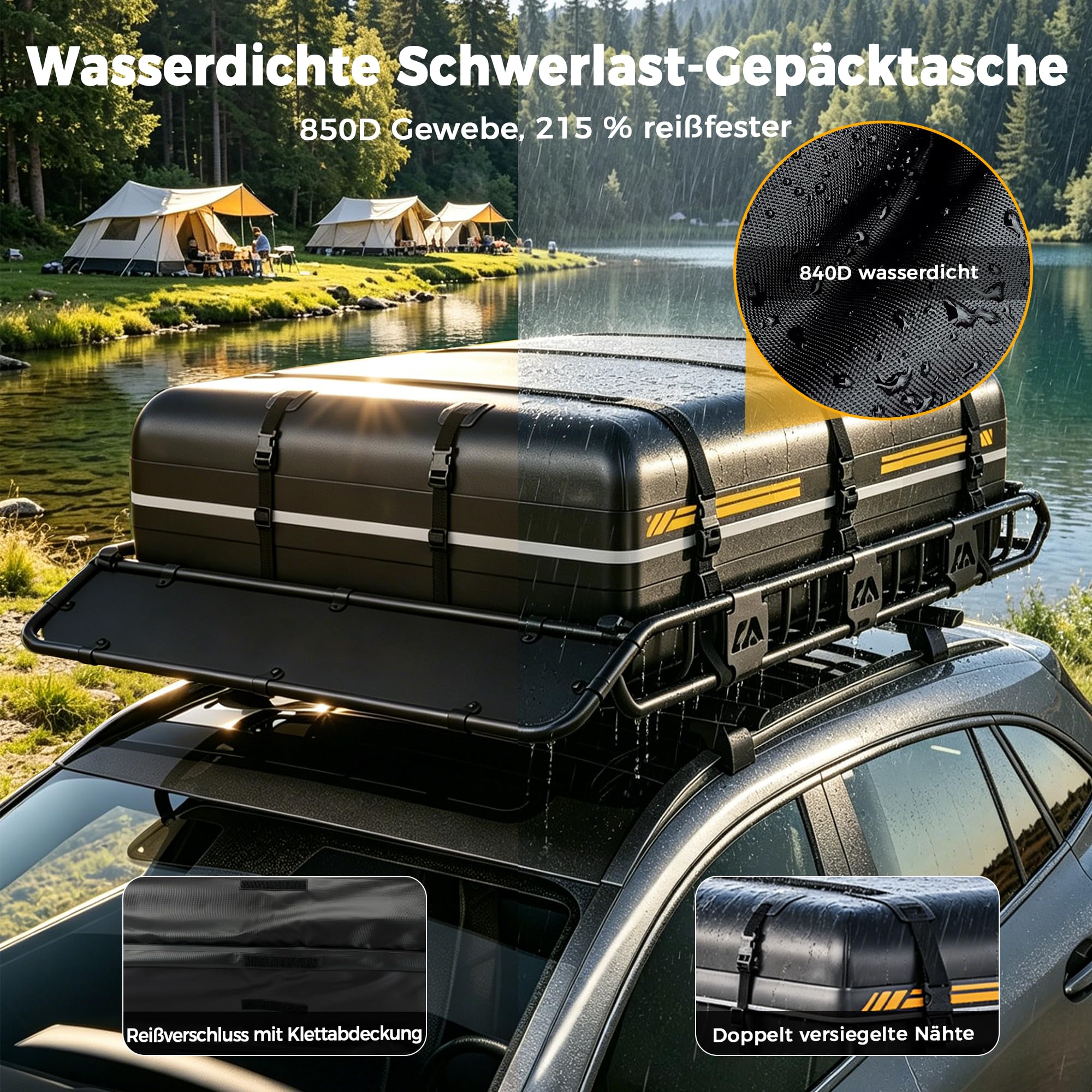 Dachgepäckträger 163 x 99 x 13 cm mit wasserdichter Dachtasche 556L | 90kg Tragfähigkeit, Verstellbare Trennstange, Gepäcknetz, Spanngurte & Schlösser, Universal für SUV Pickup Camping