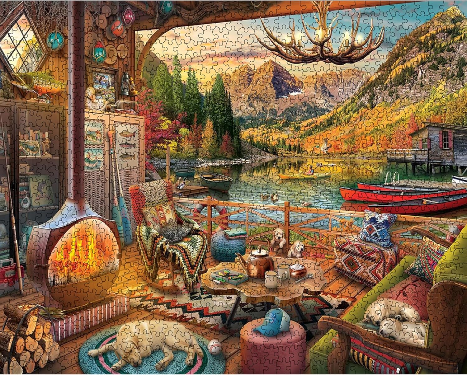 White Mountain 1000 Piece Jigsaw Puzzle Fall Landscape Mountain Puzzles with Large Pieces, Gifts for Adults and Family 24"x30" - Lake Bungalow