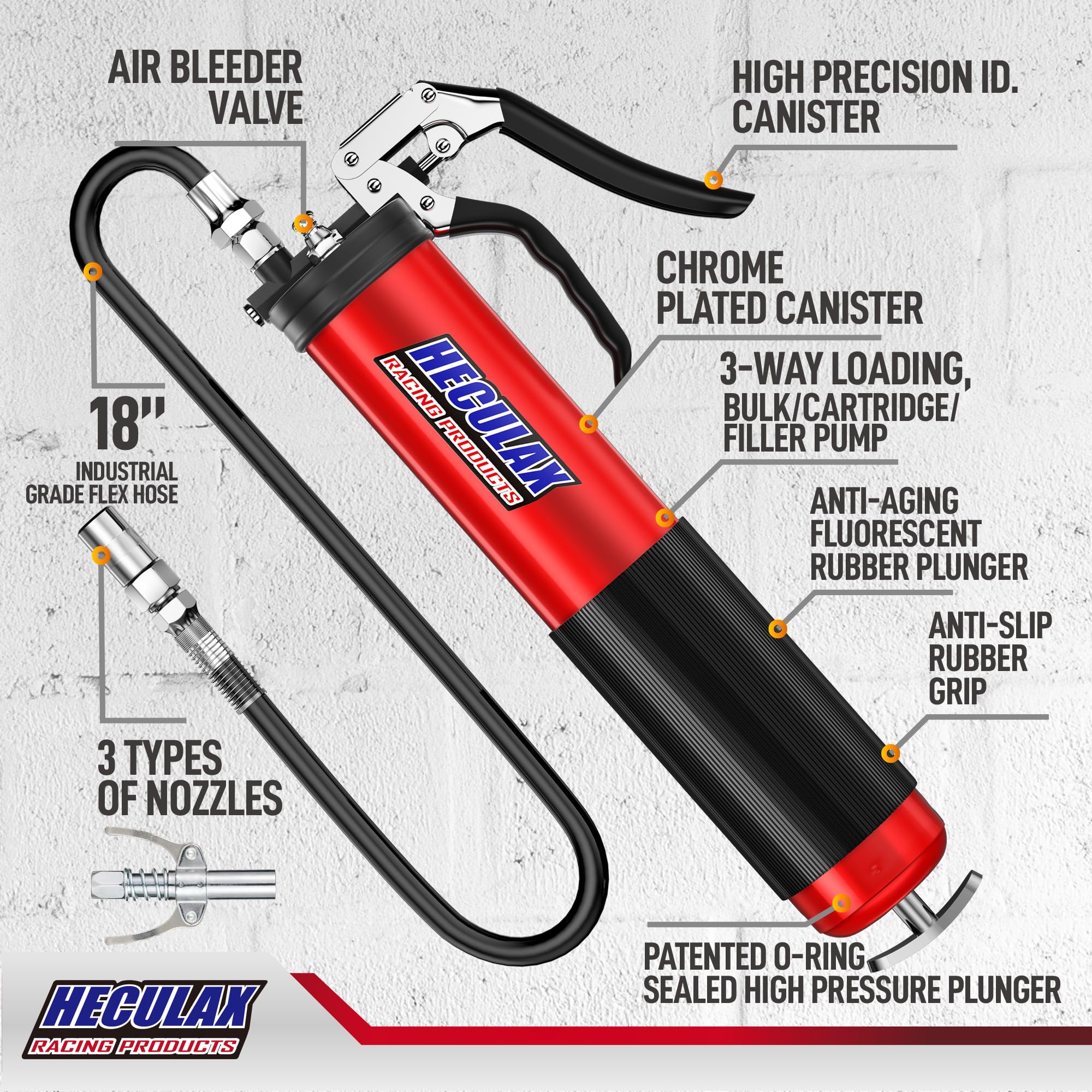 Bravex Pistolet à graisse professionnel robuste 6000 PSI avec coupleur à dégagement rapide – Tuyau flexible de 45,7 cm Rouge