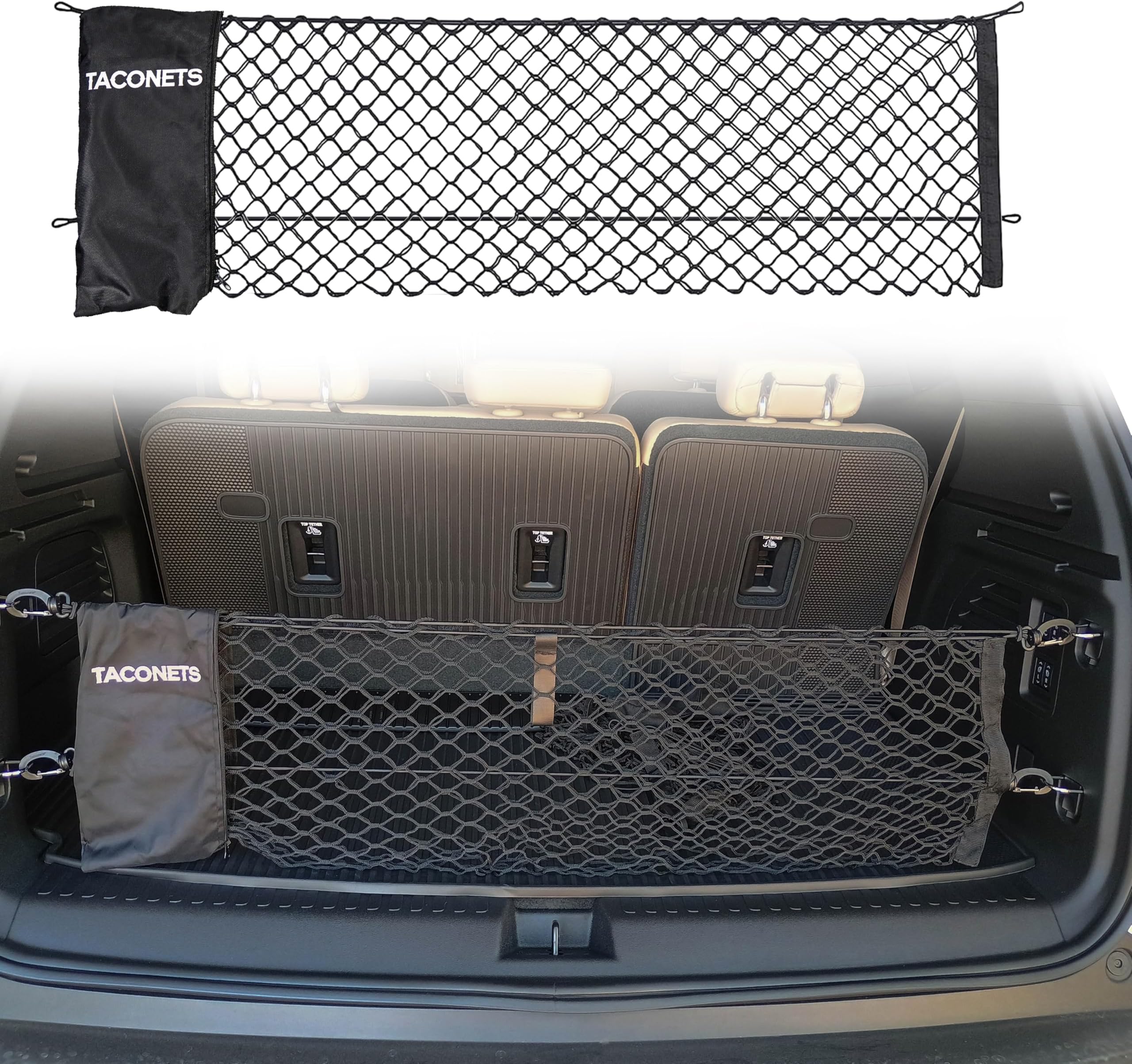 TacoNets Envelope Cargo Net for Acadia/Traverse/Enclave - Fits 2024-Current - Upgraded 5mm Bungee - Integrated Storage Bag - Heavy Duty Hooks - Designed in USA