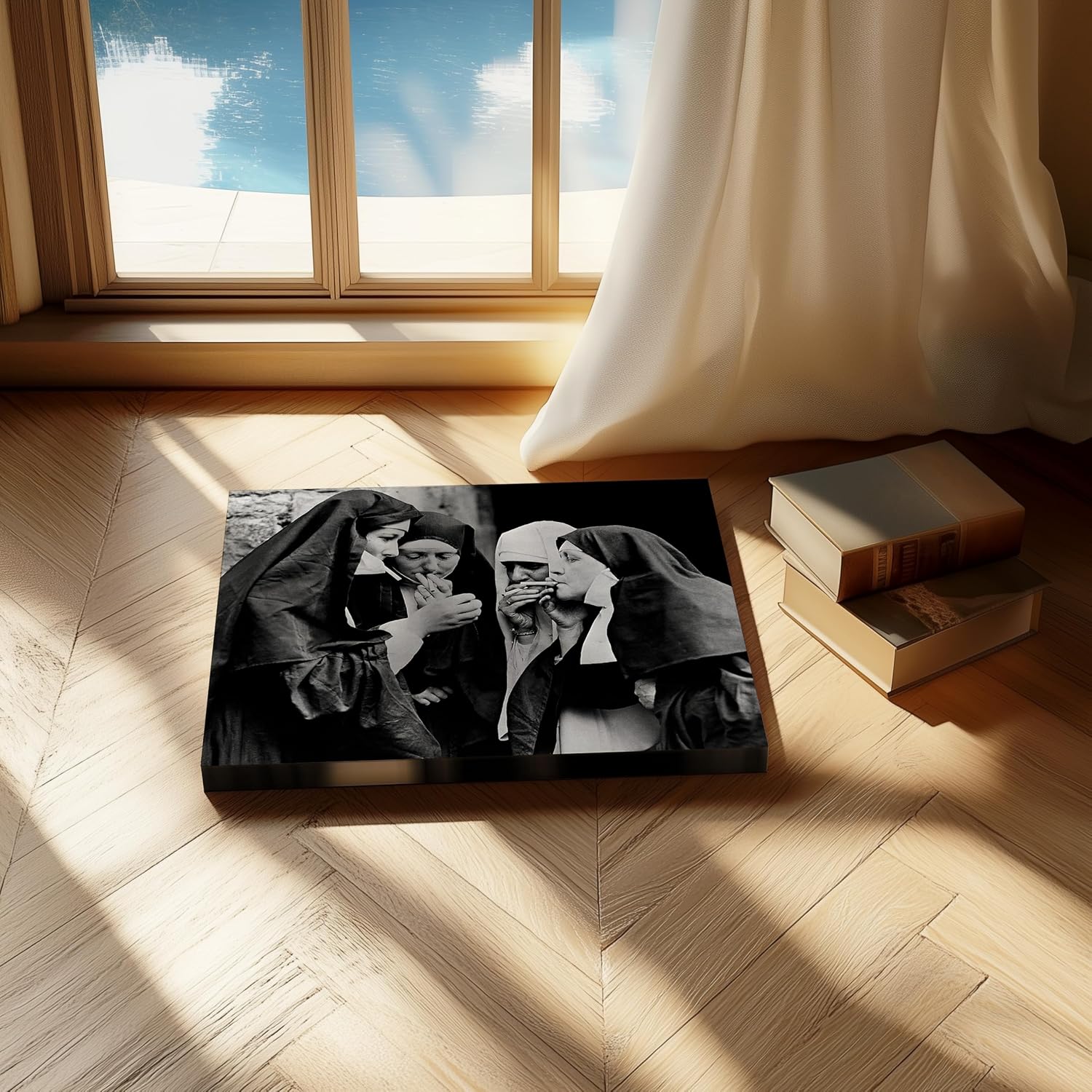 Poster Master Smoking Nuns Canvas - Lighting Cigarettes Print - Black & White Photography Art - Gift for Him & Her - Funny Decor for Bedroom, Living Room or Office - 8x10 STRETCHED Canvas