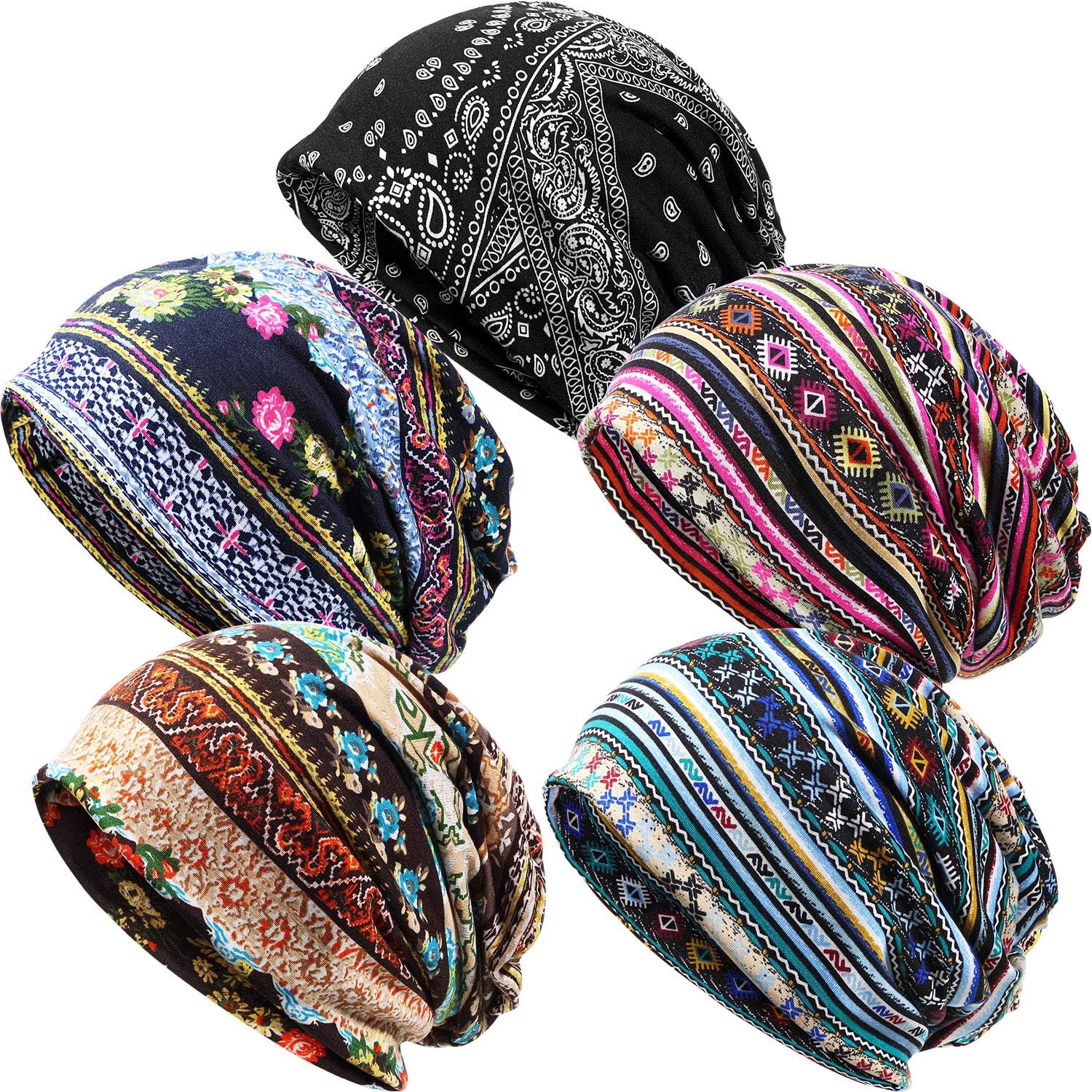 SATINIOR 5 Pieces Women's Slouchy Beanie Chemo Hat Stretch Cancer Head Wraps Sleep Head Scarf for Cancer Patient