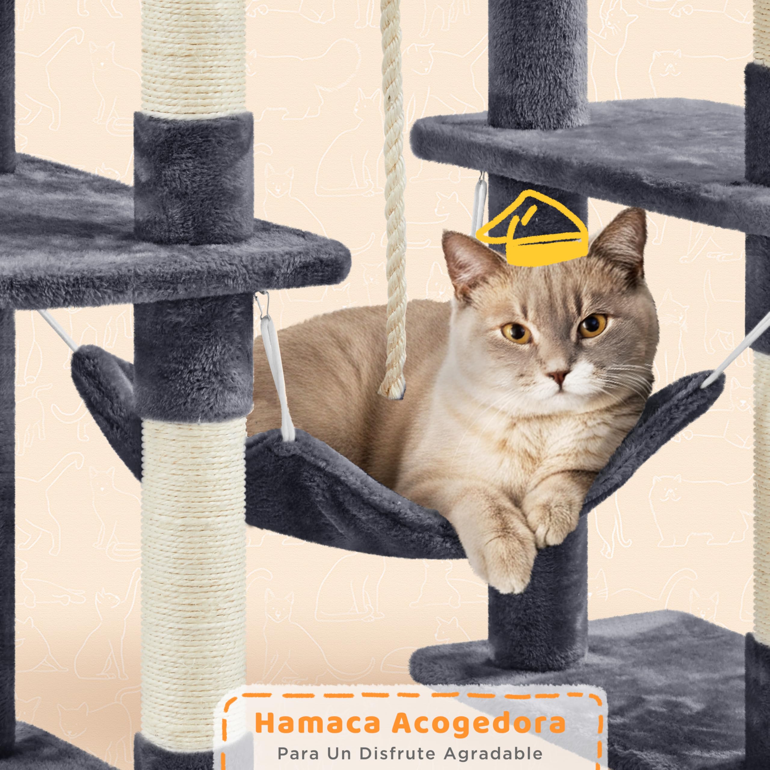Yaheetech Rascador para Gatos 209 cm Torre Escalado Grande Gris Oscuro | Para Gatos grandes, Hamaca, Rampa sisal,Estabilidad, Fácil montaje, Duradero, Perca ancha, Cesta blanda, multifuncional