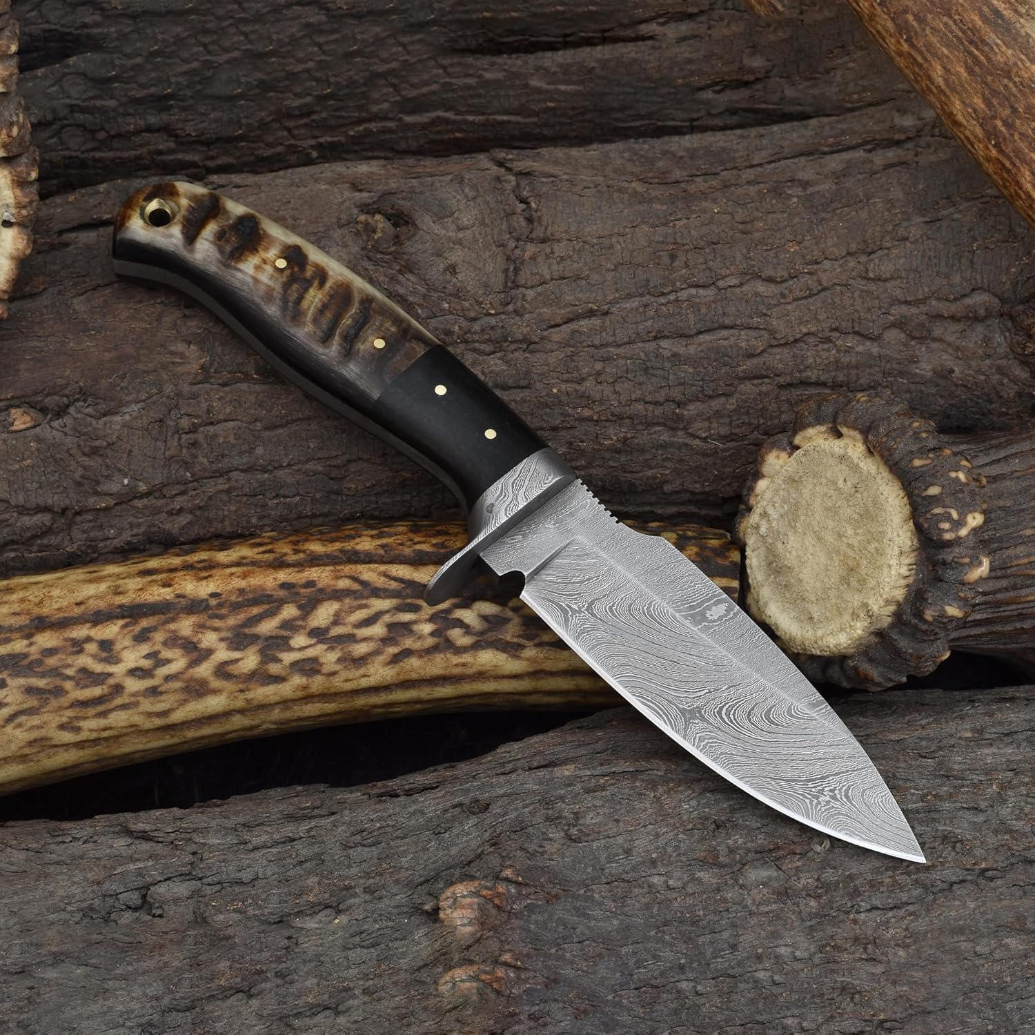 Knives Ranch Spear Point Knife Ram Horn Handle with Micarta Accent Horizontal + Vertical Belt Loops Leather Sheath Snug Fit (2168-RH)