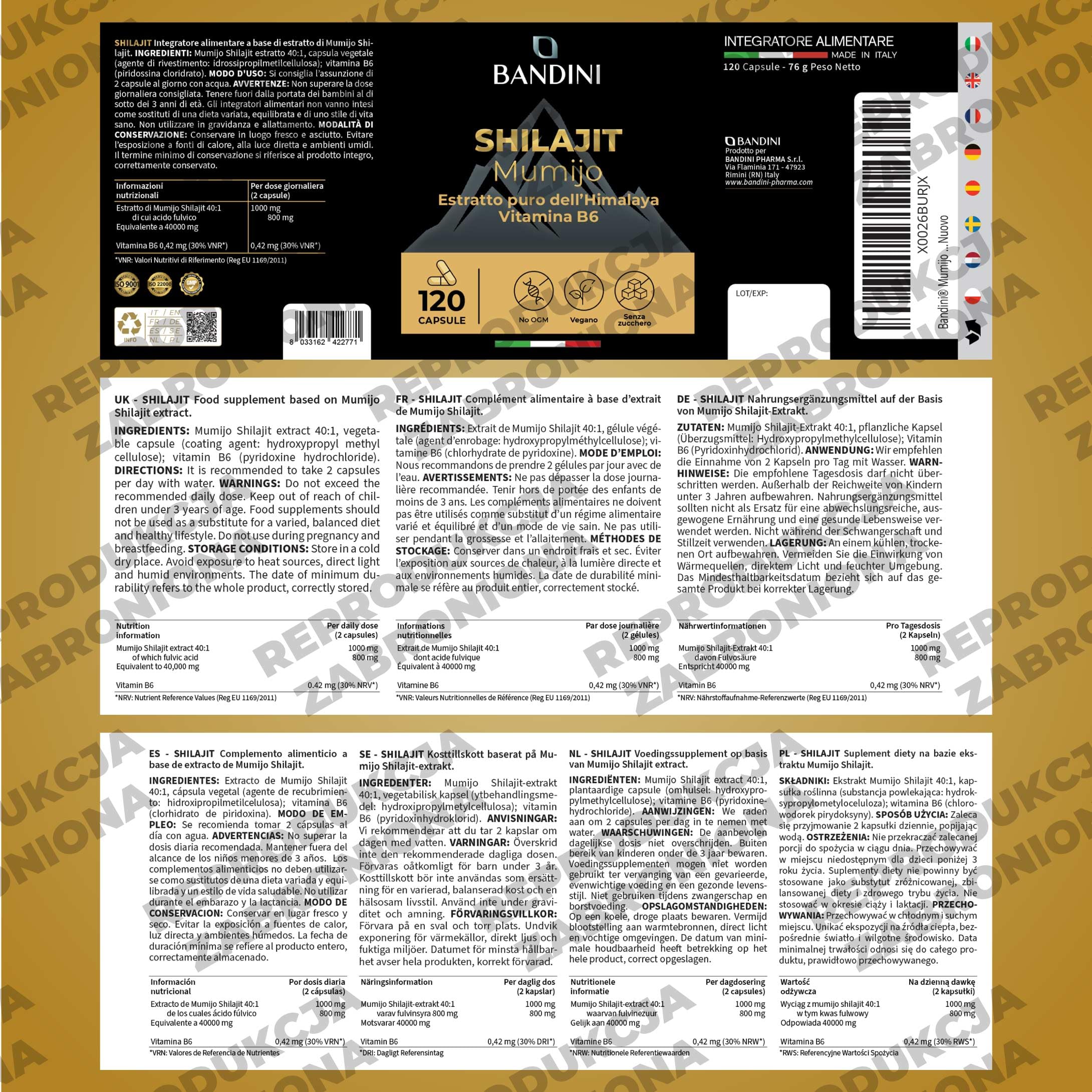 Bandini® Mumijo Shilajit 40.000mg 120 kapsułek, oryginalny z Himalajów, bogaty w 85 minerałów, z 80% kwasem fulwowym i witaminą B6, ponad 85 pierwiastków śladowych, wegański, 1000 mg na dzienną dawkę