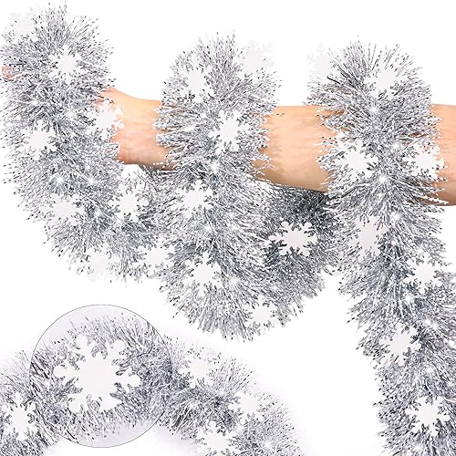 Miniatura 12 de Guirnalda de oropel navideño de 50 pies Rojo Verde con árbol, muñeco de nieve, adornos metálicos, guirnalda de Navidad para árbol de Navidad,