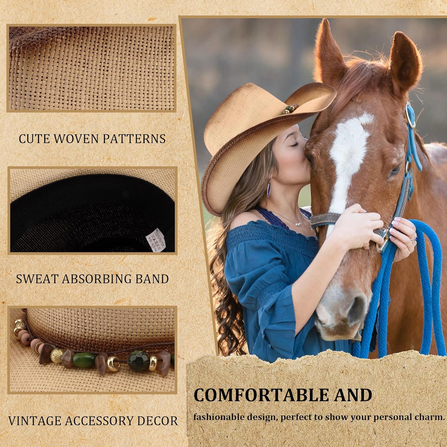 Straw Hats for Women Straw Cowboy Hat Cowgirl Hat Beach Cowboy Hats for Women Western Beach Coastal Cowgirl Hat with 2 Replacement Decorative Bands Beige - Image 2