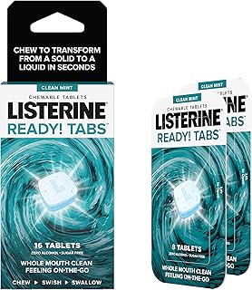 Listerine Ready! Tabs Chewable Mint Tablets with Clean Mint Flavor, Revolutionary 4-Hour Fresh Breath Tablets to Help Fight Bad Breath On-The-Go, Sugar-Free, Alcohol-Free & Kosher, 16 Count
