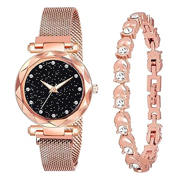 Jiya Creation Girls Watch with Bracelet Combo Diamond Analogue Watch Girl Stylish for Women or Girl or Female (Gold)