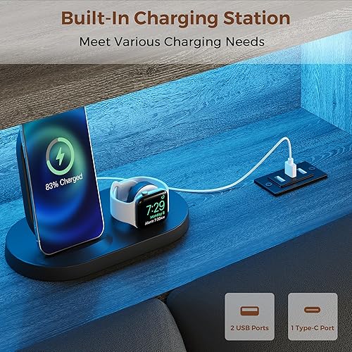 Miniatura 6 de Base de cama de terciopelo de tamaño matrimonial con cabecera ergonómica, plataforma tapizada con luz LED y estación de carga, soporte de listones