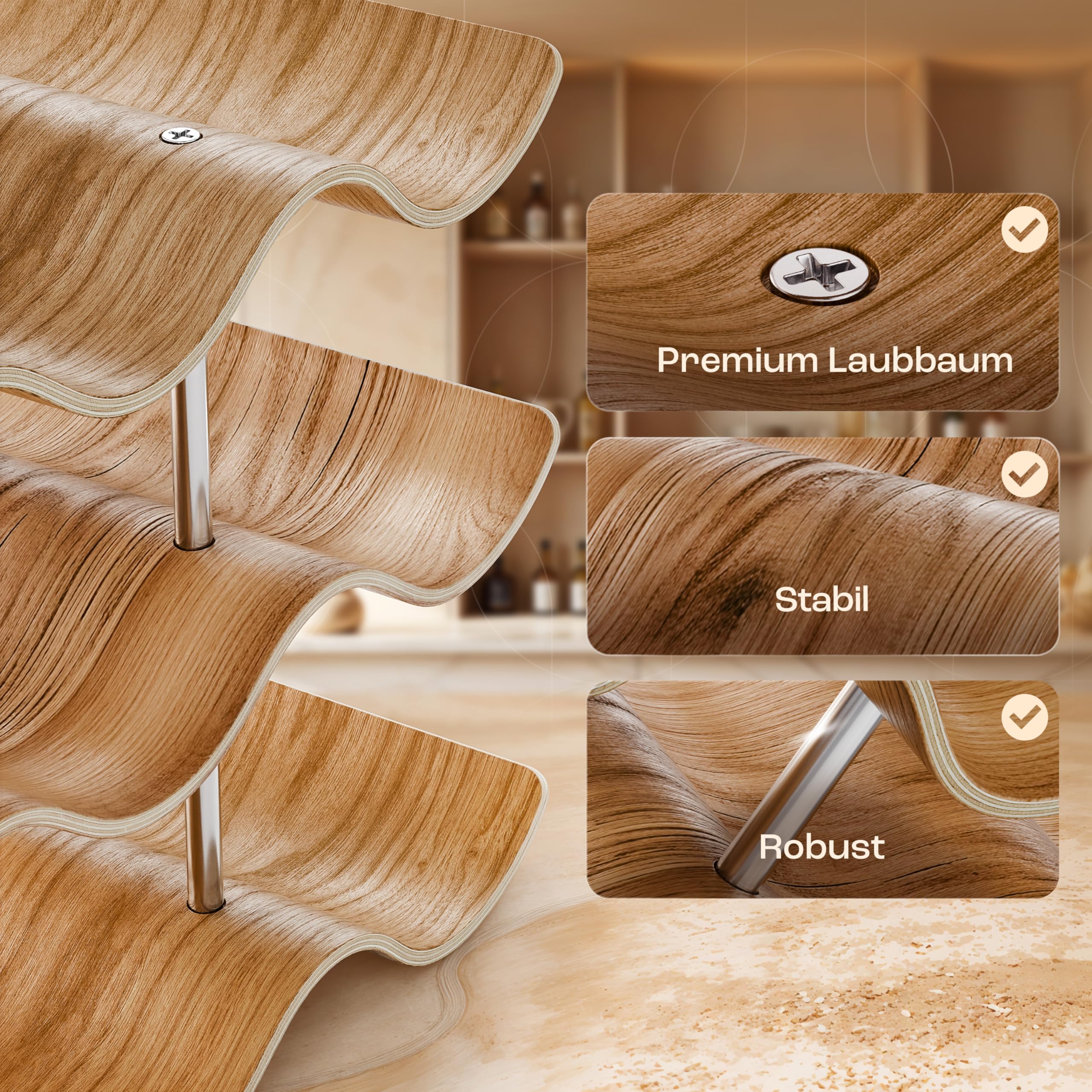 Dreiklang – be smart Weinregal Flaschenregal aus Holz für 12 Flaschen, stabil, Freistehend, modern, dekorativ, Platzsparend klein & schmal, 3 Ebenen (41,5 x 22,5 x 15,5 cm)