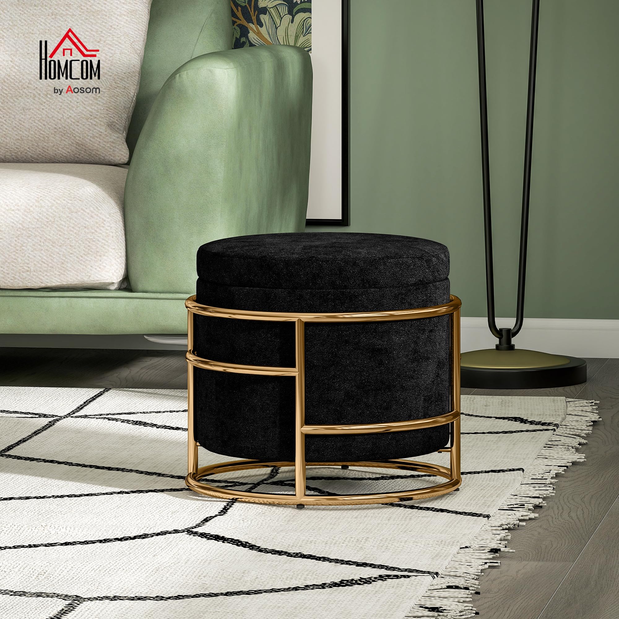 HOMCOM Pouf de rangement - Petit tabouret avec couvercle - Tabouret rond rembourré avec cadre en acier - Repose-pieds pour salon, chambre à coucher - 42 x 42 x 39 cm - Noir