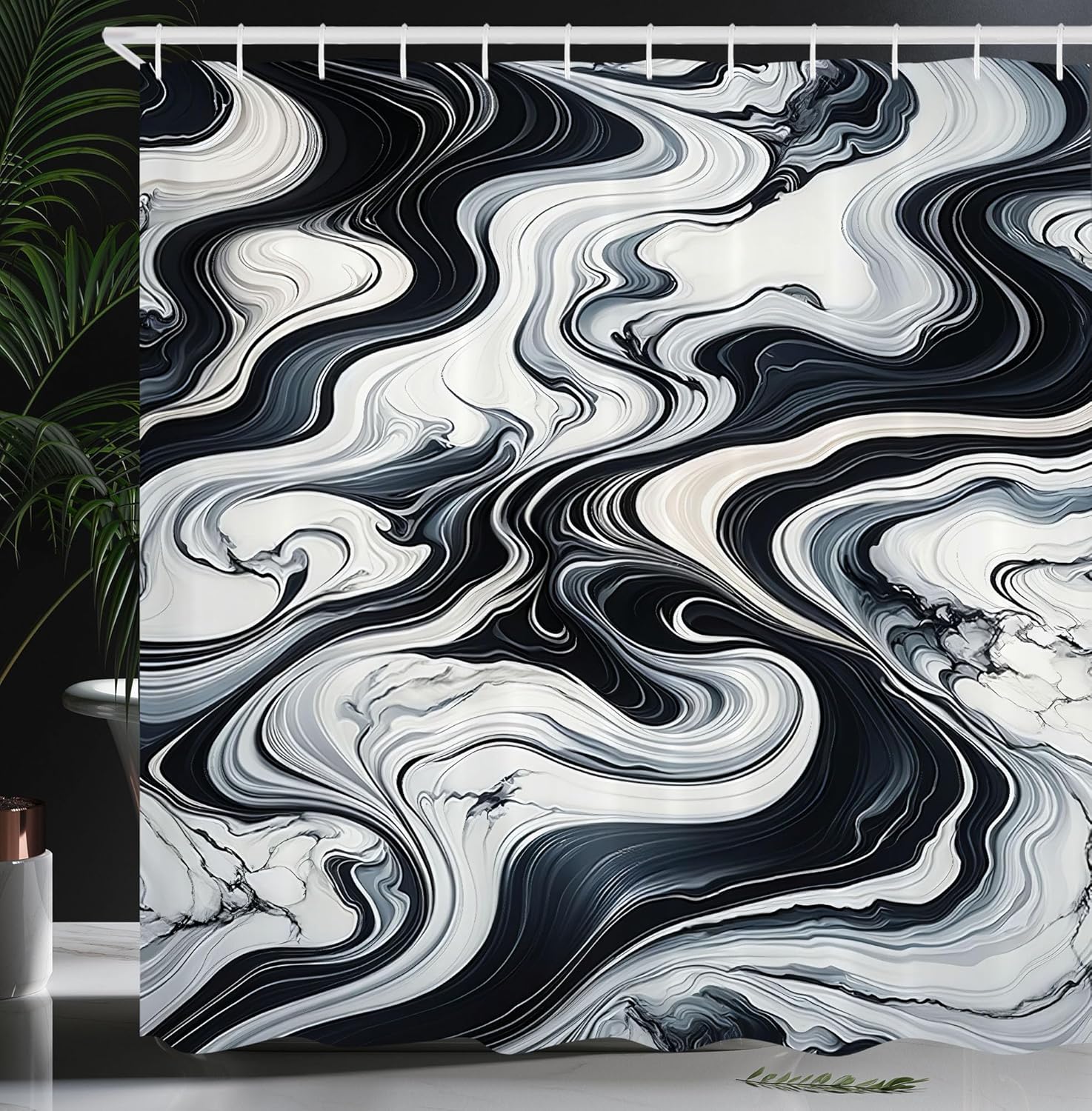 Ambesonne Black and White Shower Curtain, Abstract Waves of Marble Print Blending Look Stone Details, Cloth Fabric Bathroom Decor Set with Hooks, 69" W x 84" L, Dark Blue Grey and White