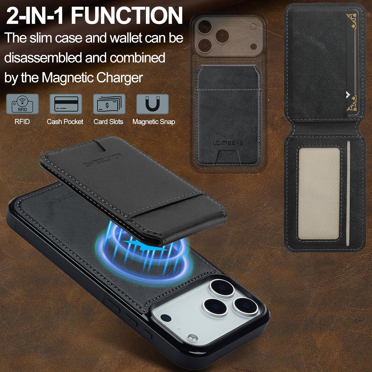 SZHAIYU L3 2 in 1 Detachable Leather Wallet and Phone Cases Compatible with iPhone 17 Pro Max Case with Card Holder RFID Blocking, Compatible with Magsafe Charging 6.9 Kickstand (Black, IP 17 Pro Max) - Image 8