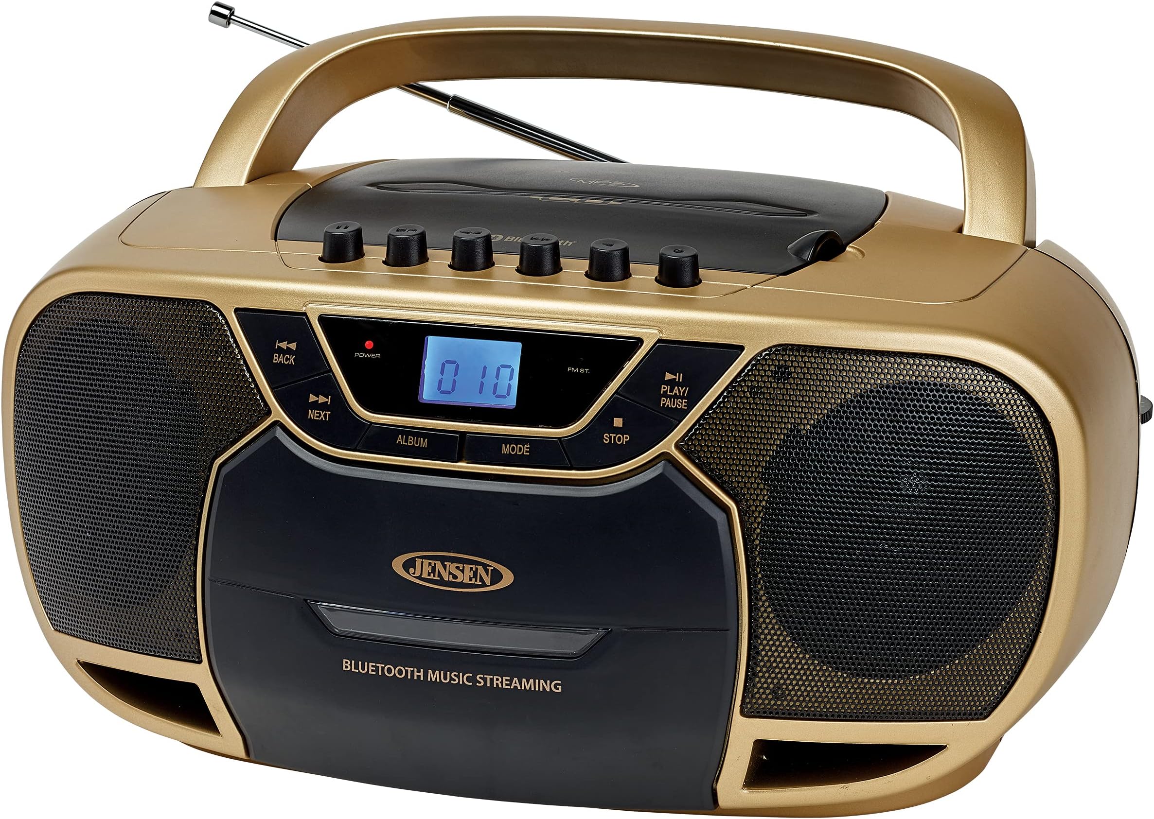 Jensen Stereo CD-590 Portable Bluetooth Home Audio CD/Cassette Boombox Digital Tuner AM/FM Radio Sound System, Top-Loading MP3 CD Player, Cassette Player/Recorder - Gold Exclusive