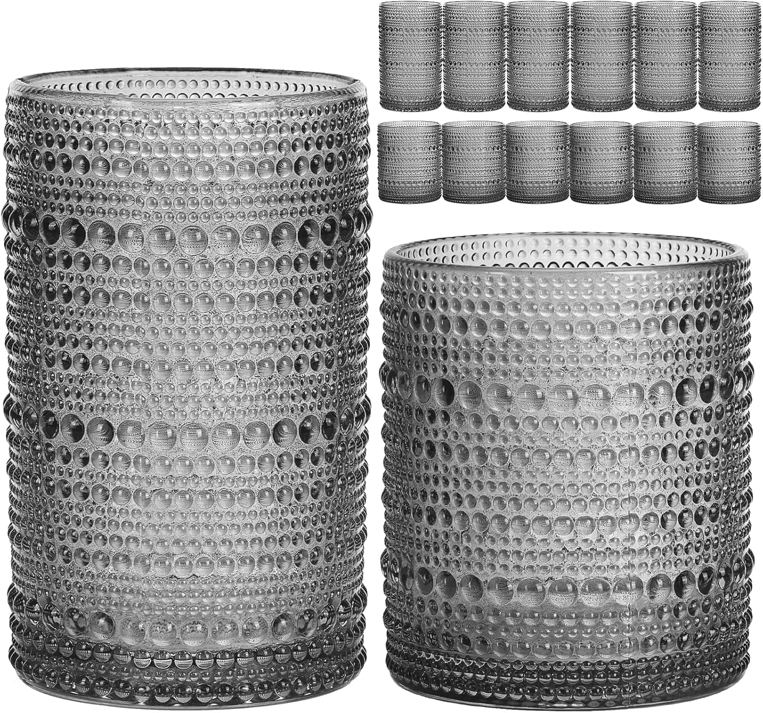 Moretoes Hobnail Drinking Glasses Set of 12, 12 Oz Highball Glasses & 10 Oz Cocktail Glasses, Gray Embossed Boho Glass Cups Kitchen Bar Tumbler Glassware Set for Whiskey, Beer, Juice, Milk