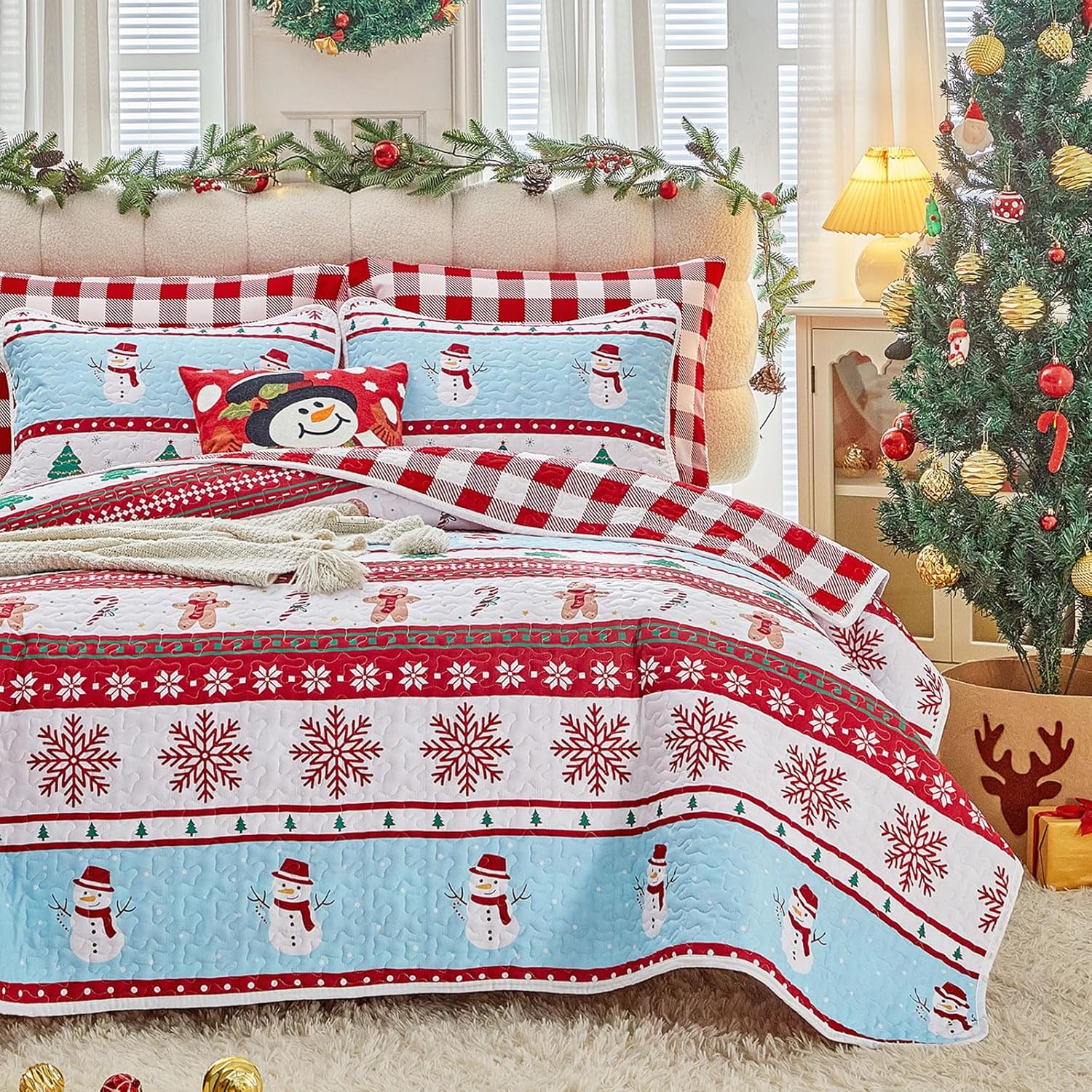 Joyreap 2 Pieces Christmas Quilt Set Twin, Red and White Stripes Snowflake Gingerbread Xmas Tree Santa, Soft Microfiber Bedspread Bed Cover for All Season, 1 Quilt n 1 Pillow sham- 68x86 inches