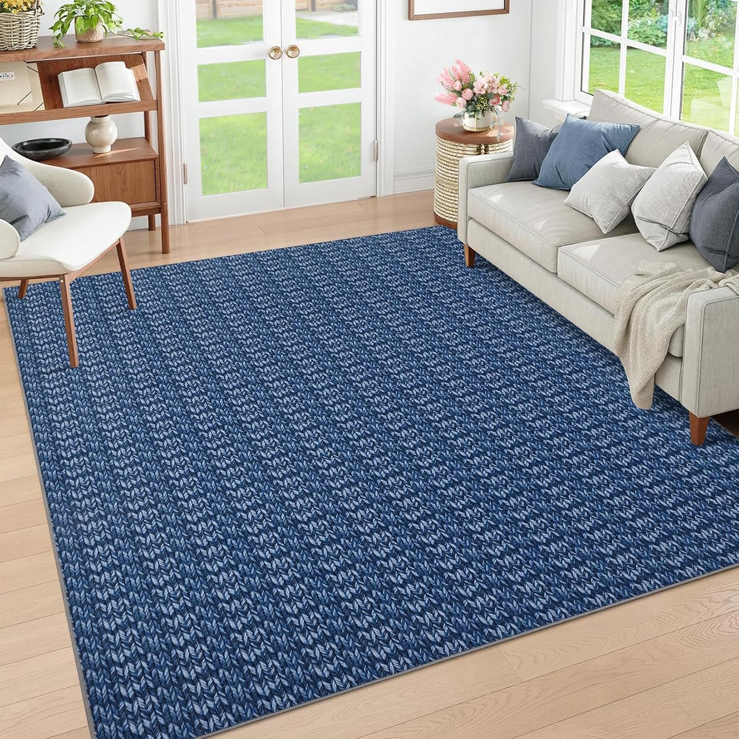 GarveeHome Modern Solid Area Rug 8x10 Large Living Room Rug Netural Printed Braid Area Rug for Dining Room Non Slip Throw Carpet Stain Resistant Contemporary Accent Rug for Home Office, Navy