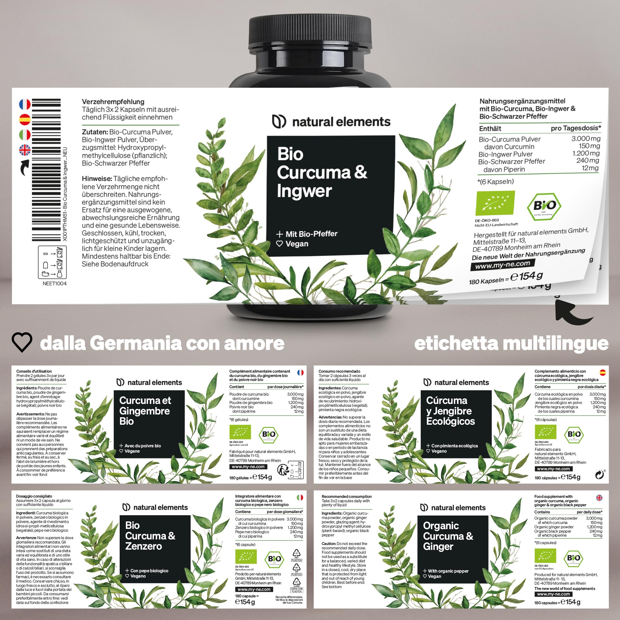 Bio Curcuma & Zenzero – 180 capsule – curcuma, zenzero e pepe biologici – con curcumina e piperina – ad alto dosaggio – prodotto e testato in laboratorio in Germania