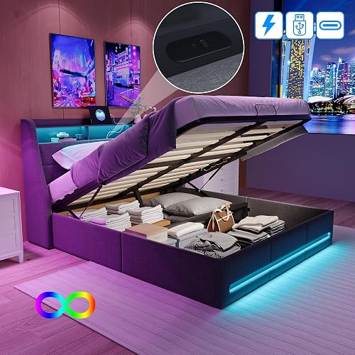 Lit Coffre 180x200 avec Sommier,Lit Double Rembourré180x200 avec LED,Lit 2 Personnes avec Rangement Hydraulique et Tiroirs,Rangement Caché en Tête de lits,Velours Beige,sans Matelas - 4