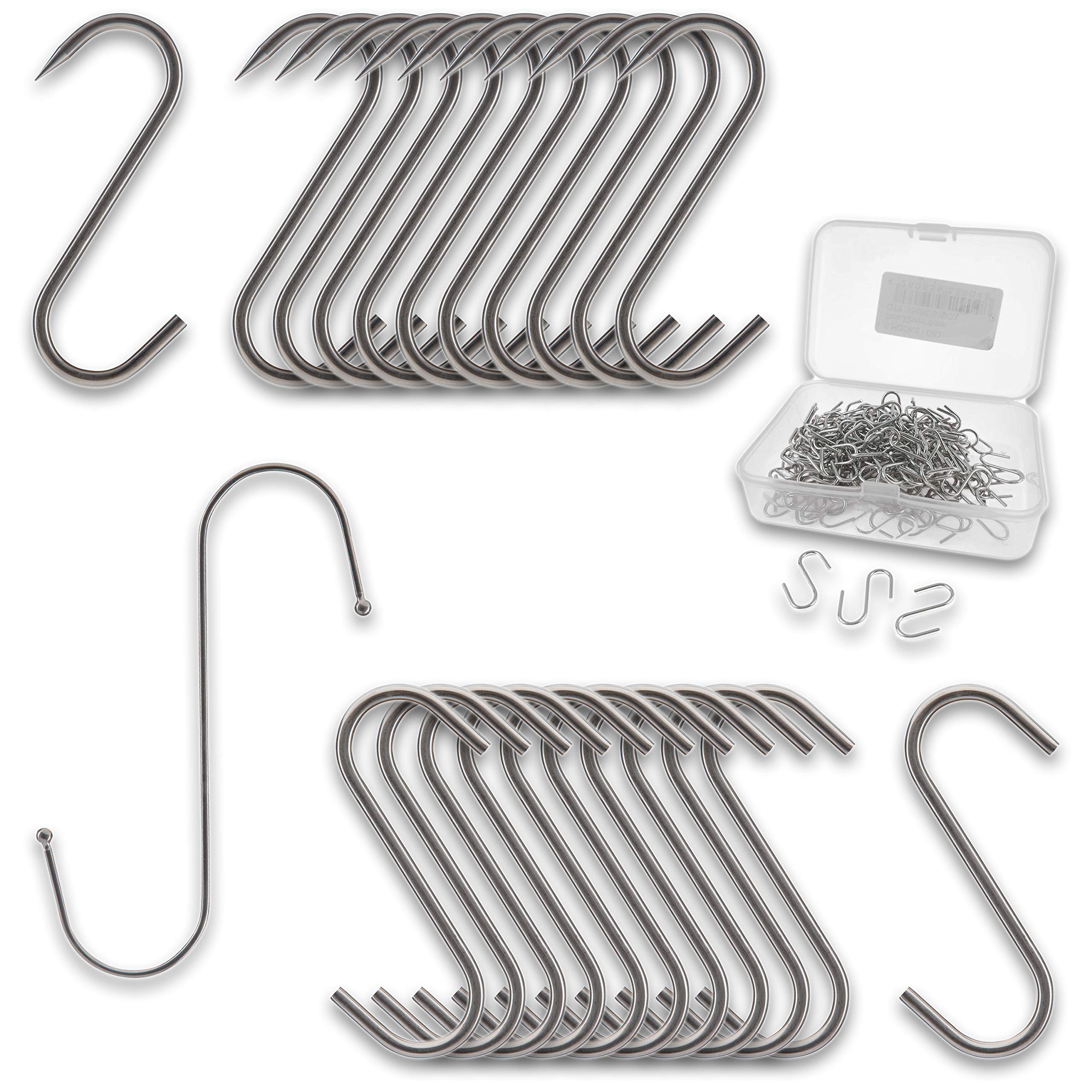 Edelstahl Haken – S-Haken, S-Form, Hooks, Verbinder, Aufhänger – spitz, flach, kugel – XL, L, M, S, Mini – Küche, Büro, Geschäft, Heimwerken, Werkstatt, Basteln, Nähen, DIY – 30x Größe XL spitz