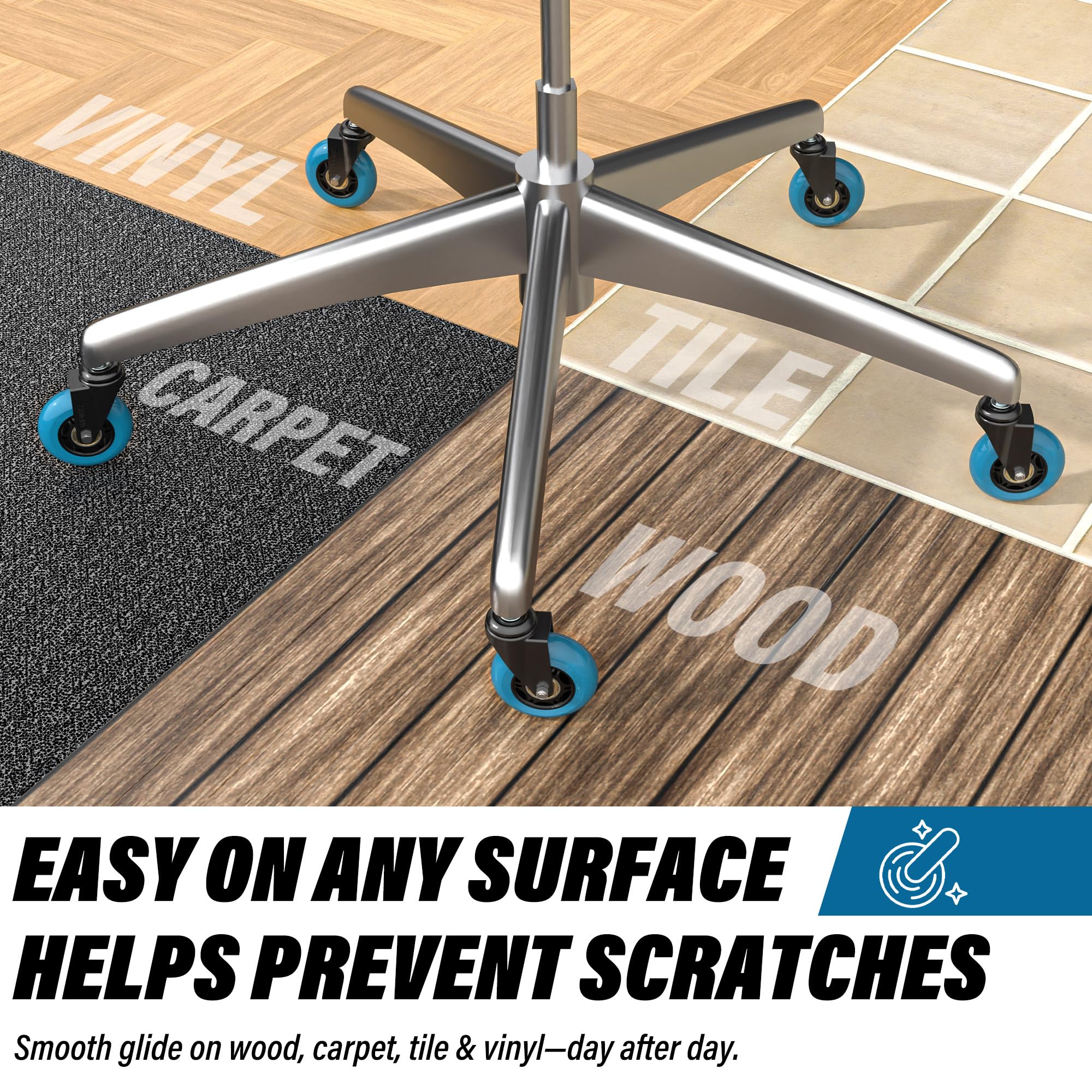 WEWILL Ruedas para silla de oficina – Ruedas de goma de repuesto de ajuste universal 98% silla (juego de 5) resistentes de 3 pulgadas, suaves y silenciosas, seguras para todos los suelos, madera dura