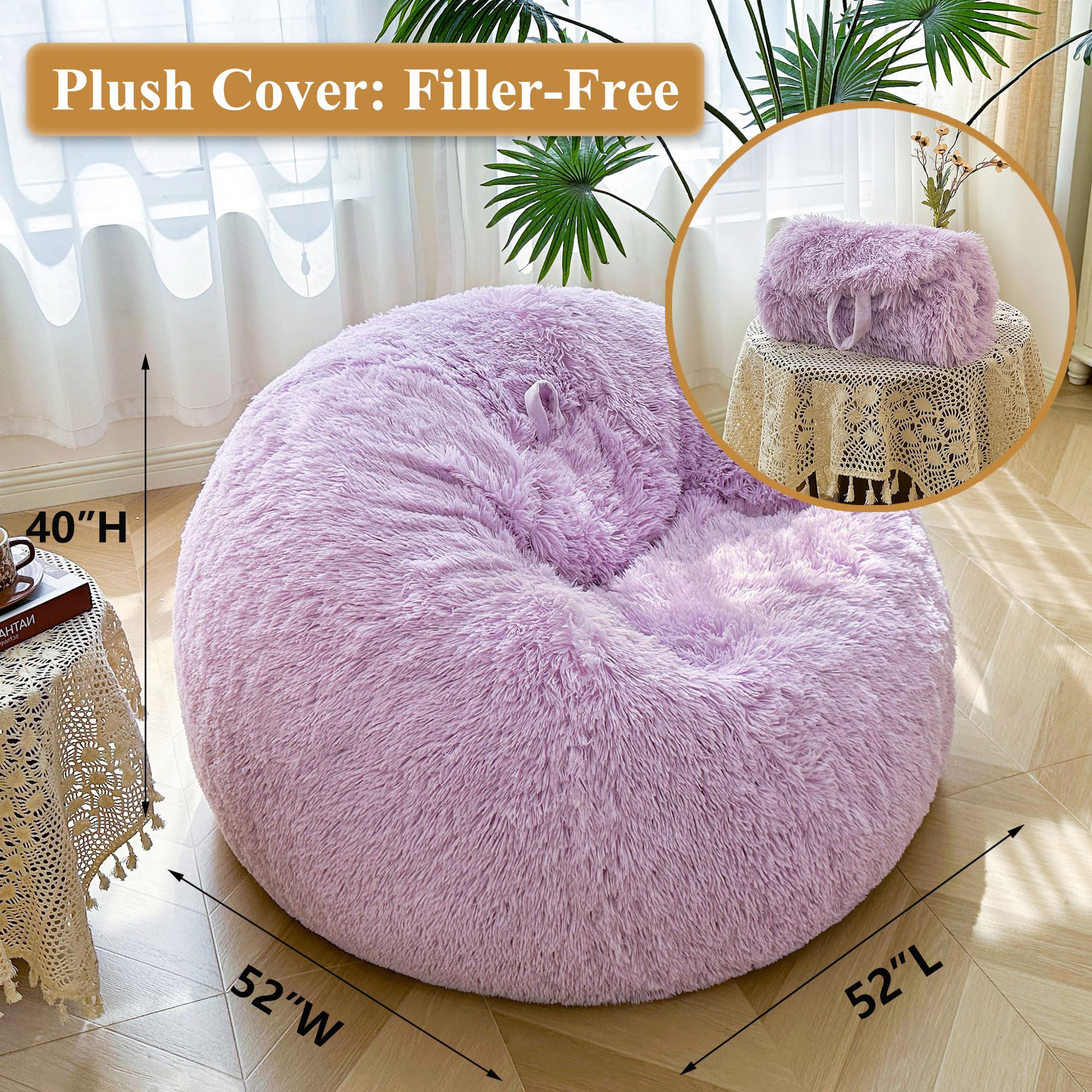 XeGe 5FT Giant Fluffy Bean Bag Chair Cover(No Filler), Ultra Soft Faux Fur Stuffed Animal Storage Bean Bag Light Purple - Image 2
