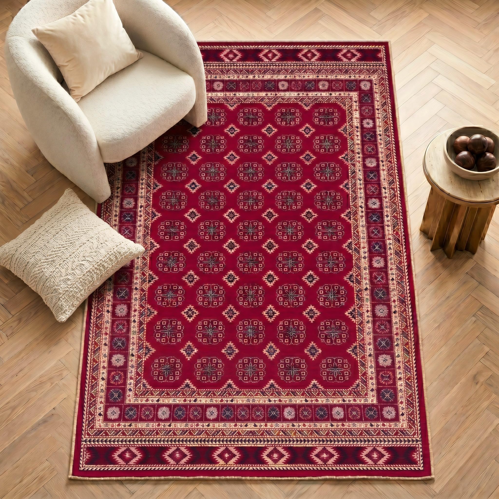 Imperium Homeware Machine Washable Rug, 80x150cm, Non-Slip Backing, Short Pile, Non-Shedding, Pet-Friendly — Area Rug for Living Room & Bedroom, Bokhara Red