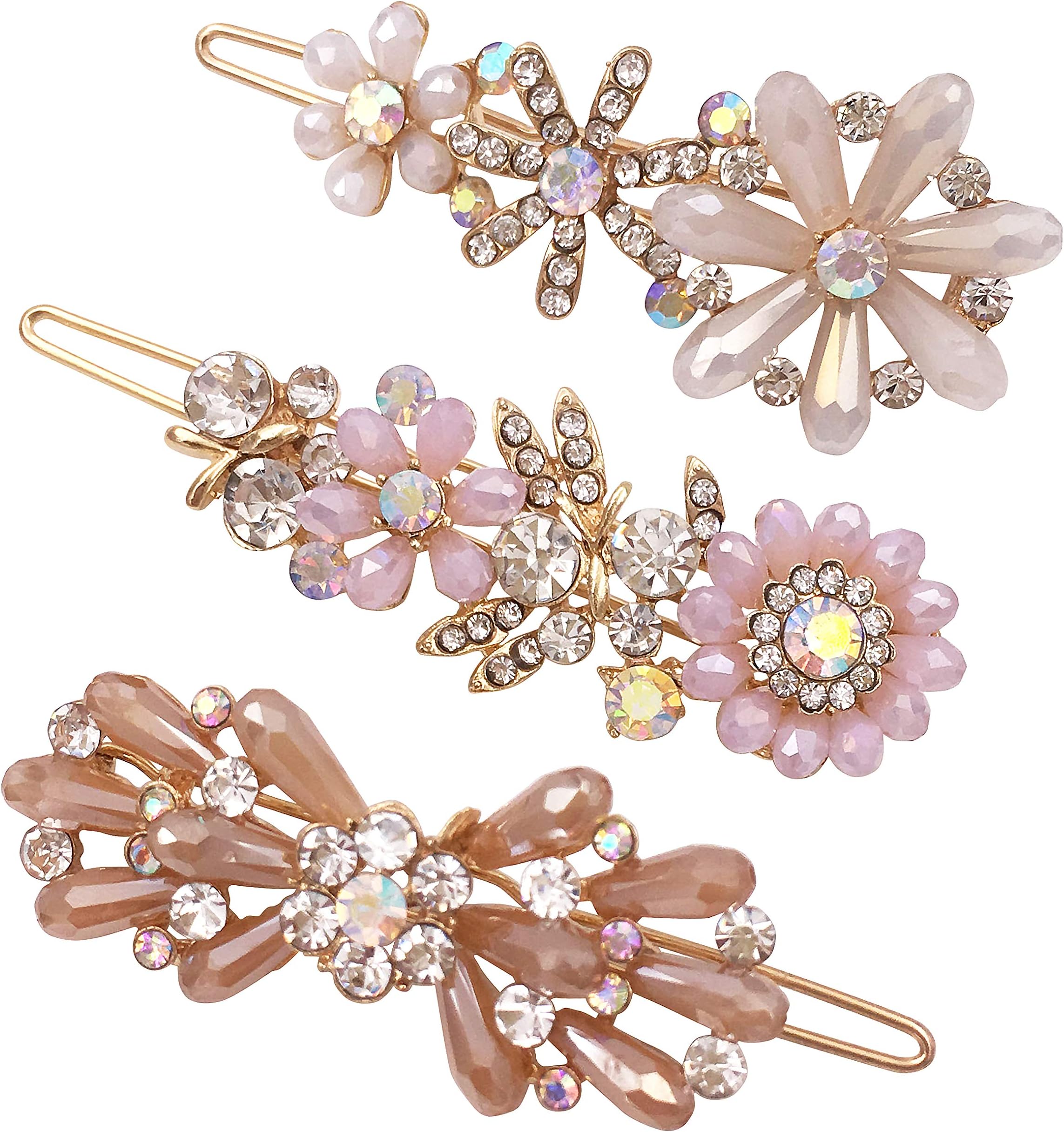 Lizzie Kay3PCS Rhinestone Bling Flower Small Mini Barrette Decorative Hair Clips Accessories for Thin Hair Women