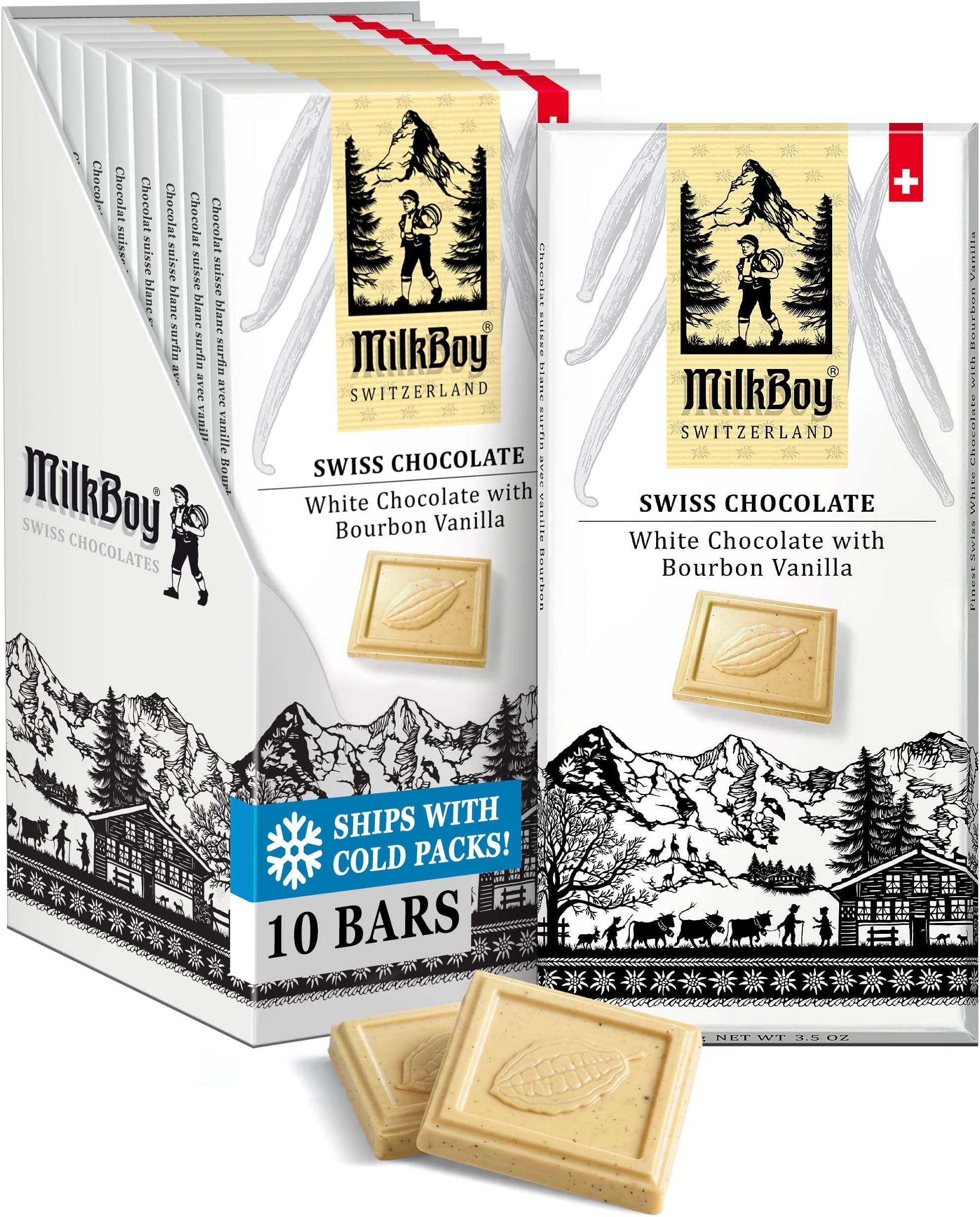 Milkboy Swiss Chocolates White Chocolate Bars - Gourmet Bourbon Vanilla Chocolate Bars - Made with Pure Natural Vanilla - White Premium - Gluten Free - Non-GMO - Kosher - 3 oz, Pack 10