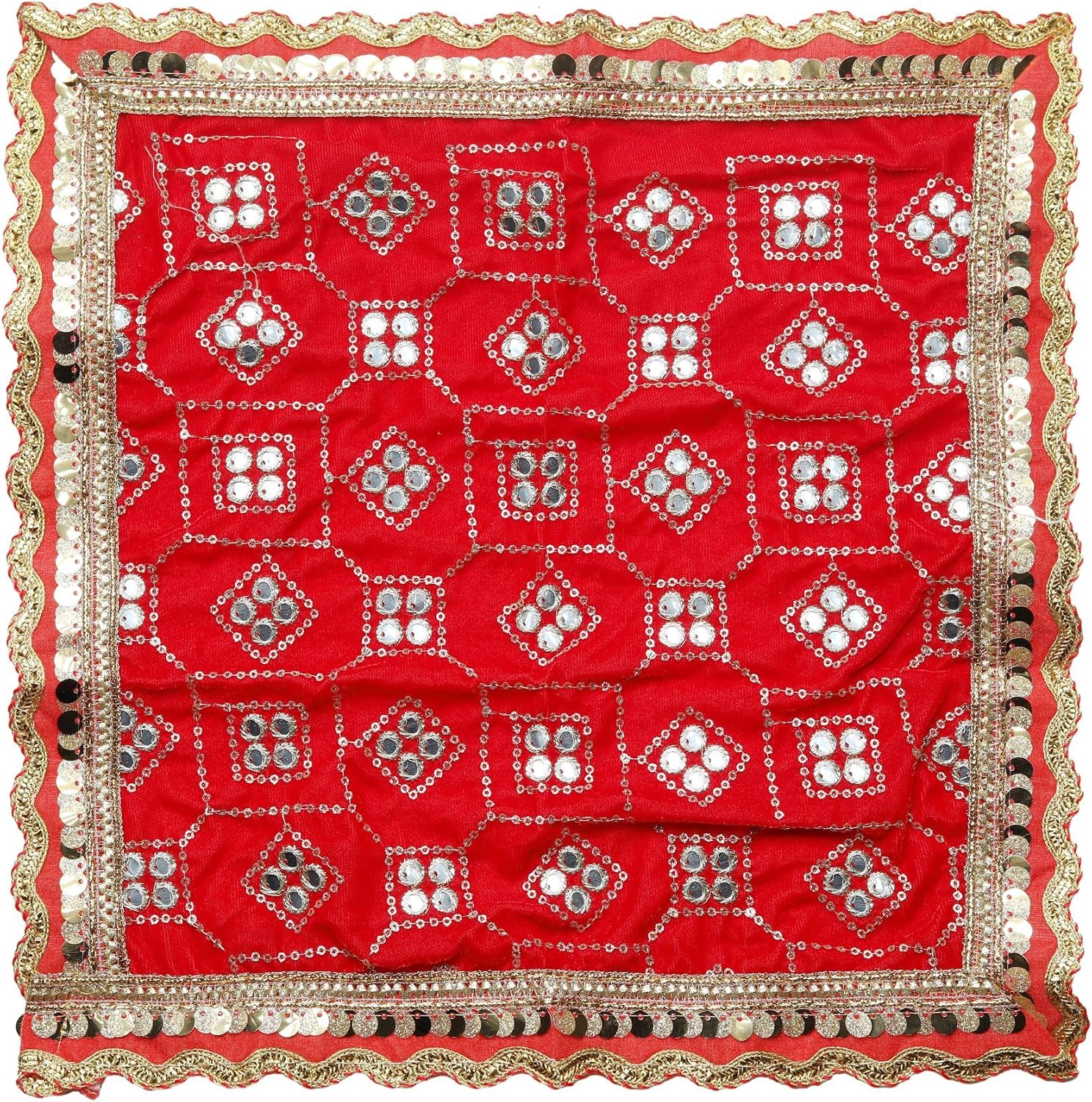 Decorative Mat Aasan Velvet Pooja Cloth Aasan Decorative Cloth Size-19 Inches X 19 Inches for Multipurpose Indian Traditional Ethnic Festival New Year Decorations Item and Pooja Article Red
