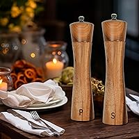 Vista 7 de Finnhomy Juego de molinillo de sal y pimienta, molinillo de pimienta ajustable de madera de acacia con soporte de madera, cepillo de limpieza