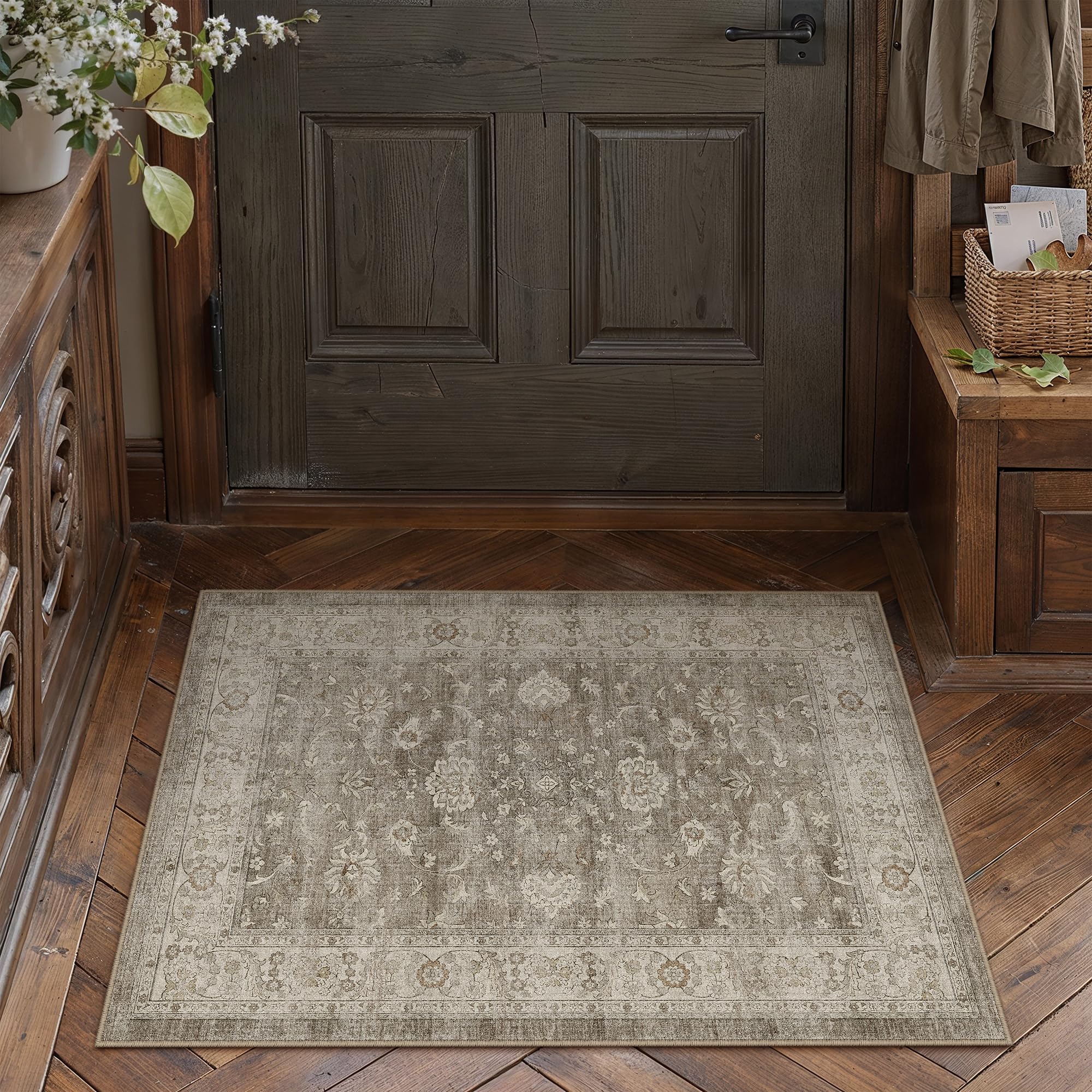 PureCozy Brown Gray Small Entryway Rug 2x3 Vintage Floral Distressed
