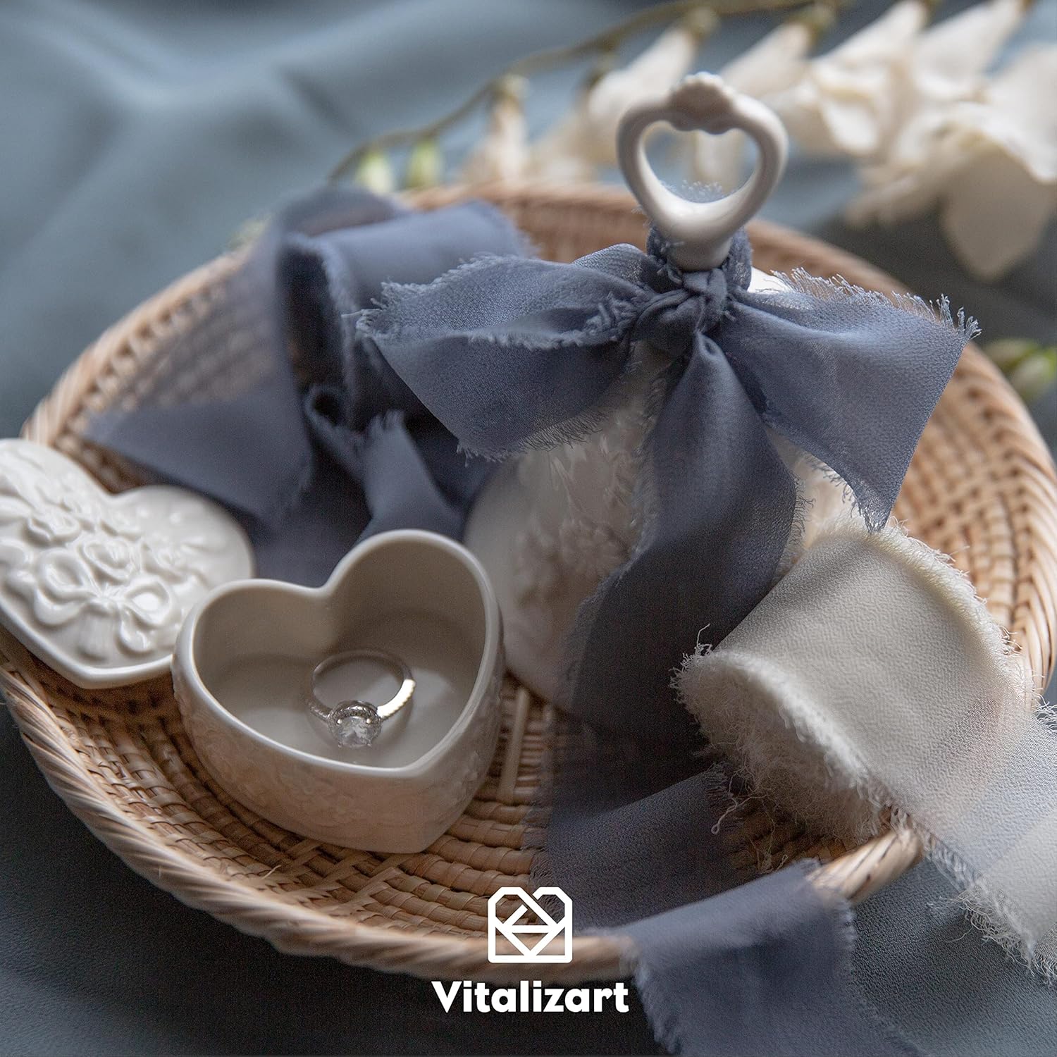 Vitalizart 3 Rolls Handmade Fringe Chiffon Silk Ribbon 1.5" x 7Yd Cream & Green Ribbons Set for Wedding Invitations Bridal Bouquets Gifts Wrapping DIY Crafts