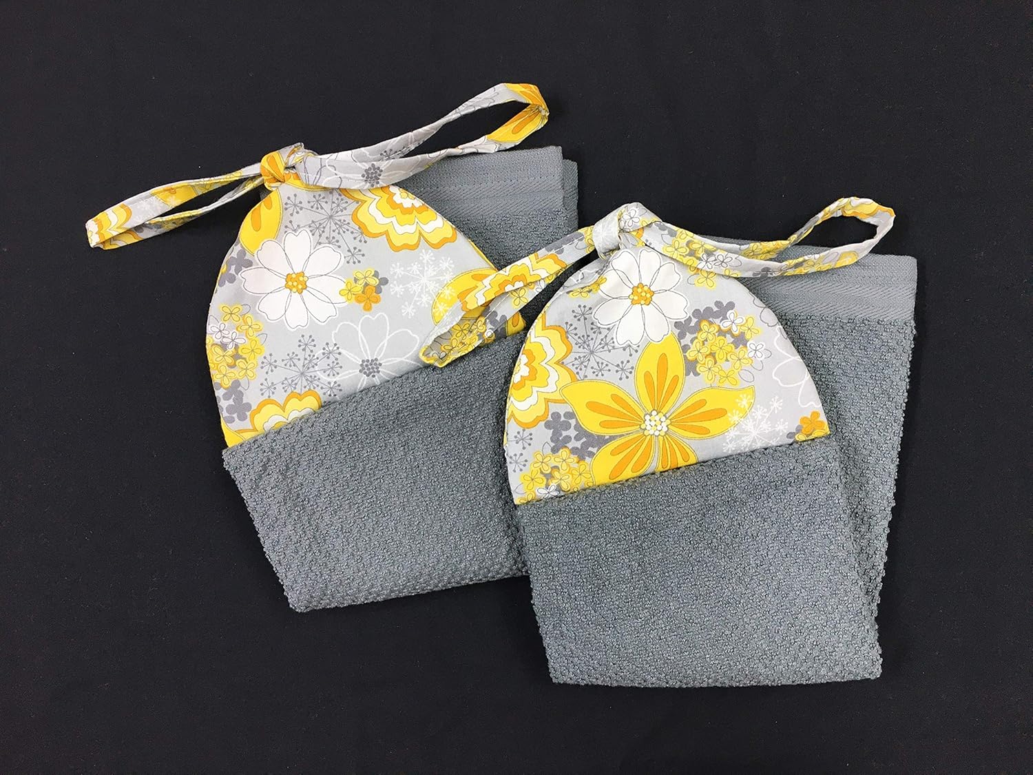 Set of 2 - White and Yellow Flowers on Grey Gray Ties On Stays Put Kitchen Bathroom Hanging Loop Hand Dish Towel