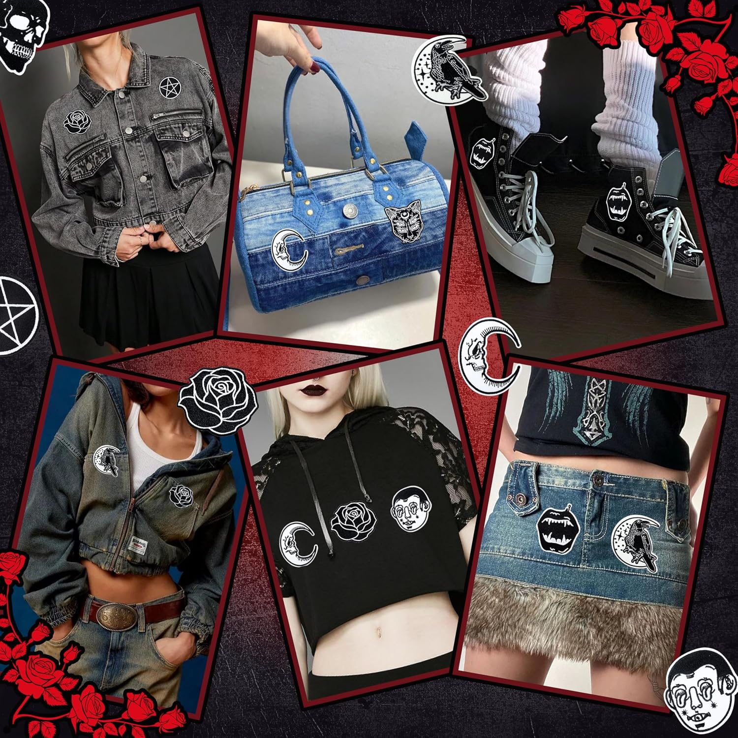 Meneng Goth Embroidered Patches for Clothing: 30PCS Cool Iron on Patch Skull Rose Sew on Applique for DIY Crafts - Vintage Gothic Dark Aesthetic Patches for Jacket Hat Jean Vest Backpack Decor