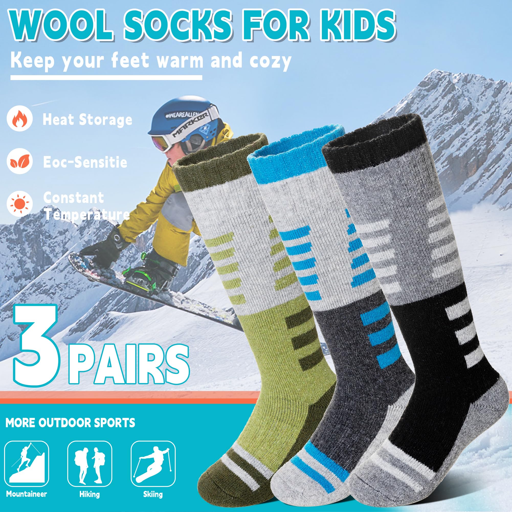 Velice Calcetines de esquí de lana merino para niños, 3 pares, térmicos, gruesos, cálidos, para invierno, para esquí, snowboard