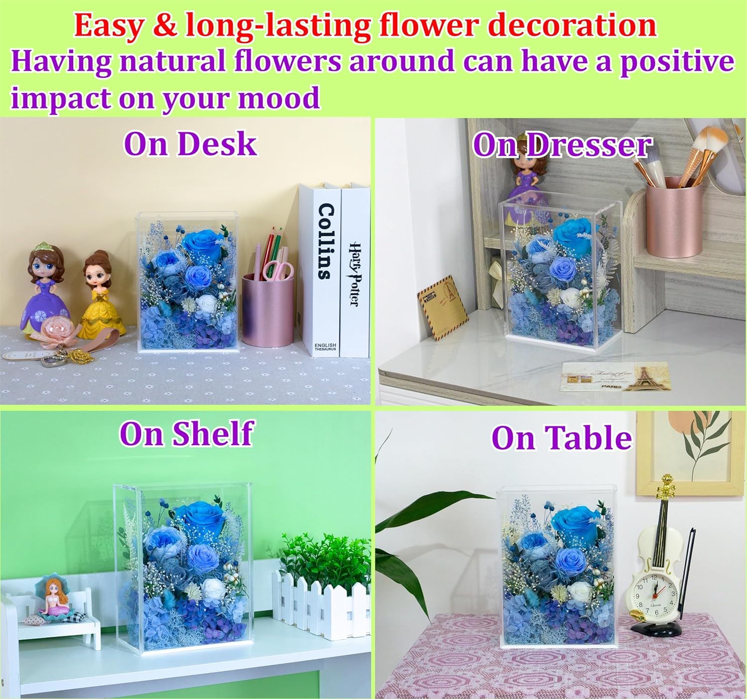 Valley of Rain & Forest Long-Lasting Real Flowers, Handcrafted Preserved Rose Bush For you to Send Love for All Occasions, Floral Arrangement for Indoor Decoration (Blue Rose) - Image 5